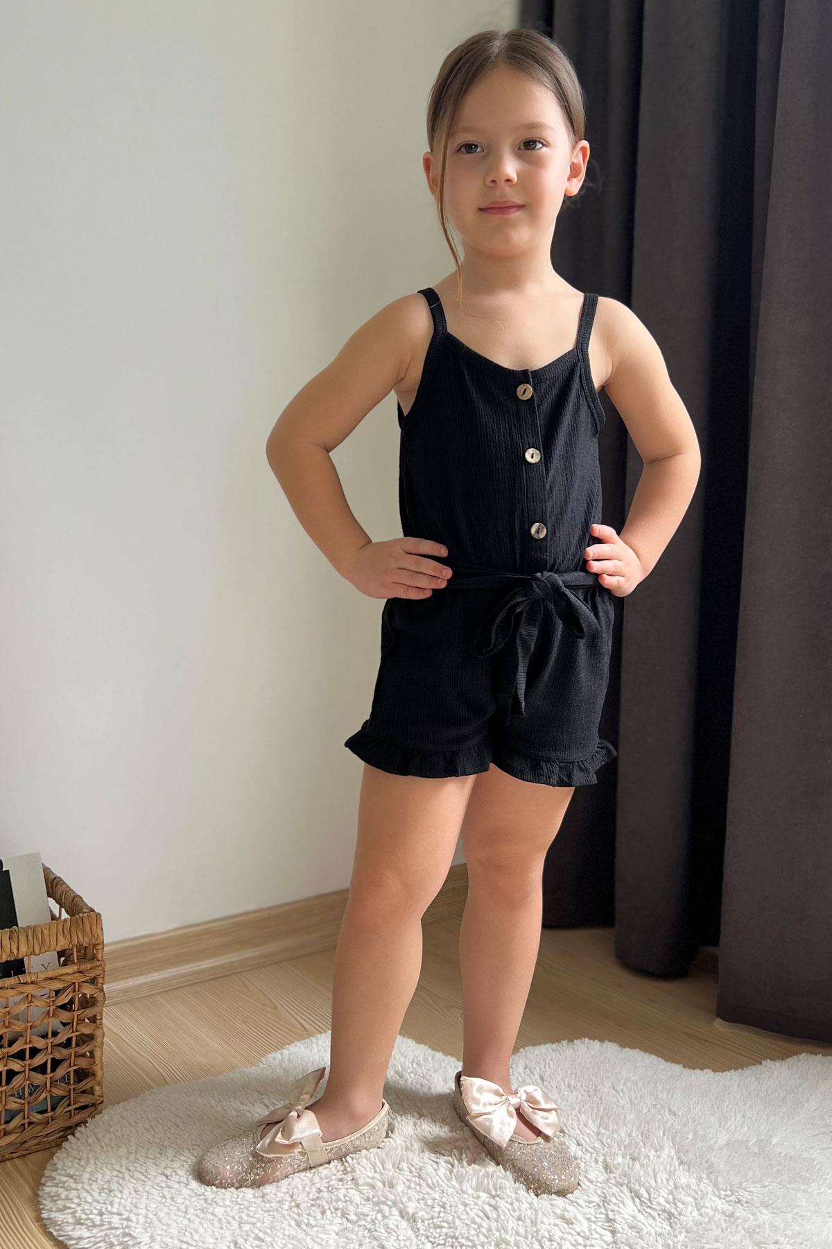 Breeze Kız Çocuk Şortlu Tulum Düğmeli Beli Kuşaklı Siyah (4-9 Yaş)