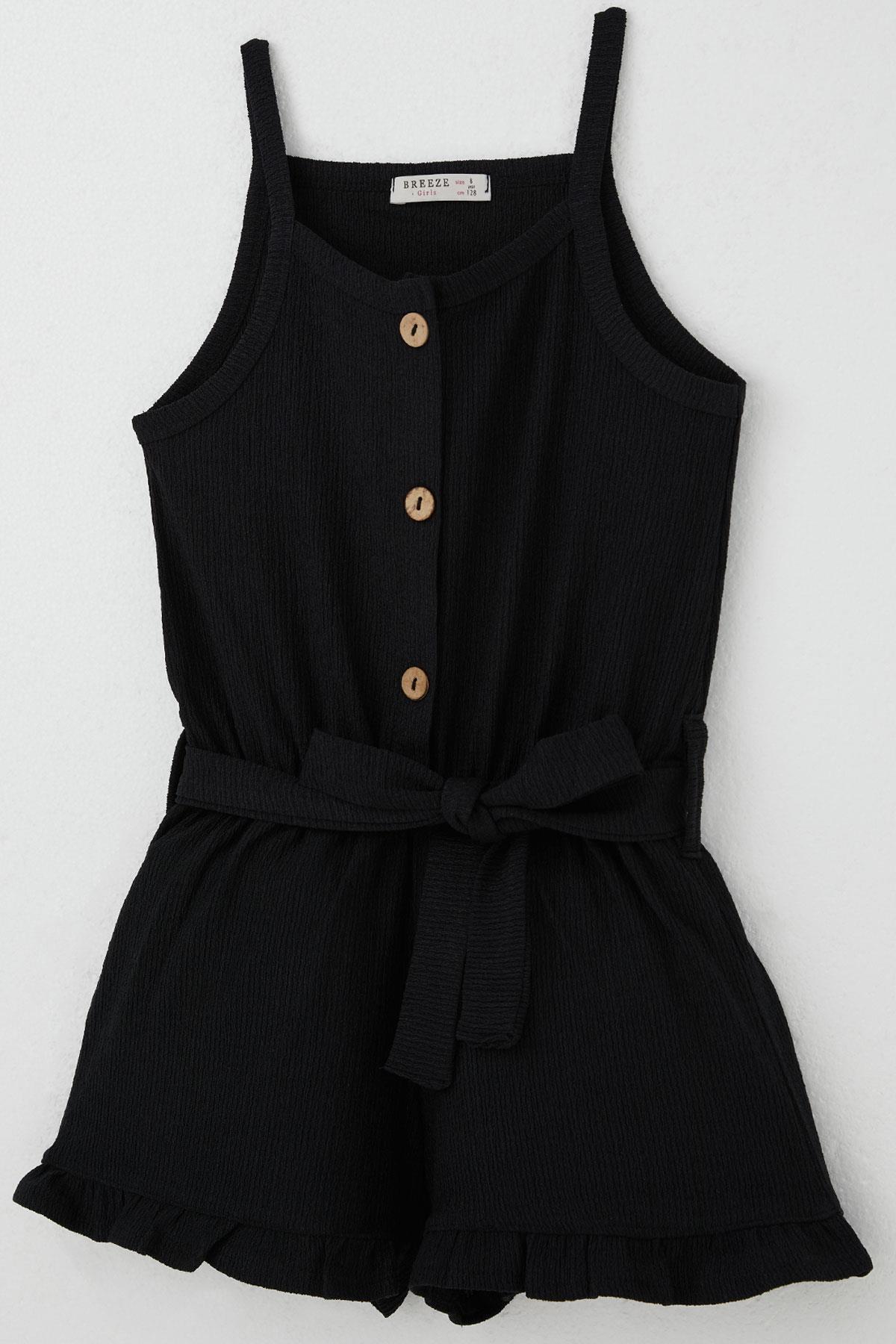 Breeze Kız Çocuk Şortlu Tulum Düğmeli Beli Kuşaklı Siyah (4-9 Yaş)