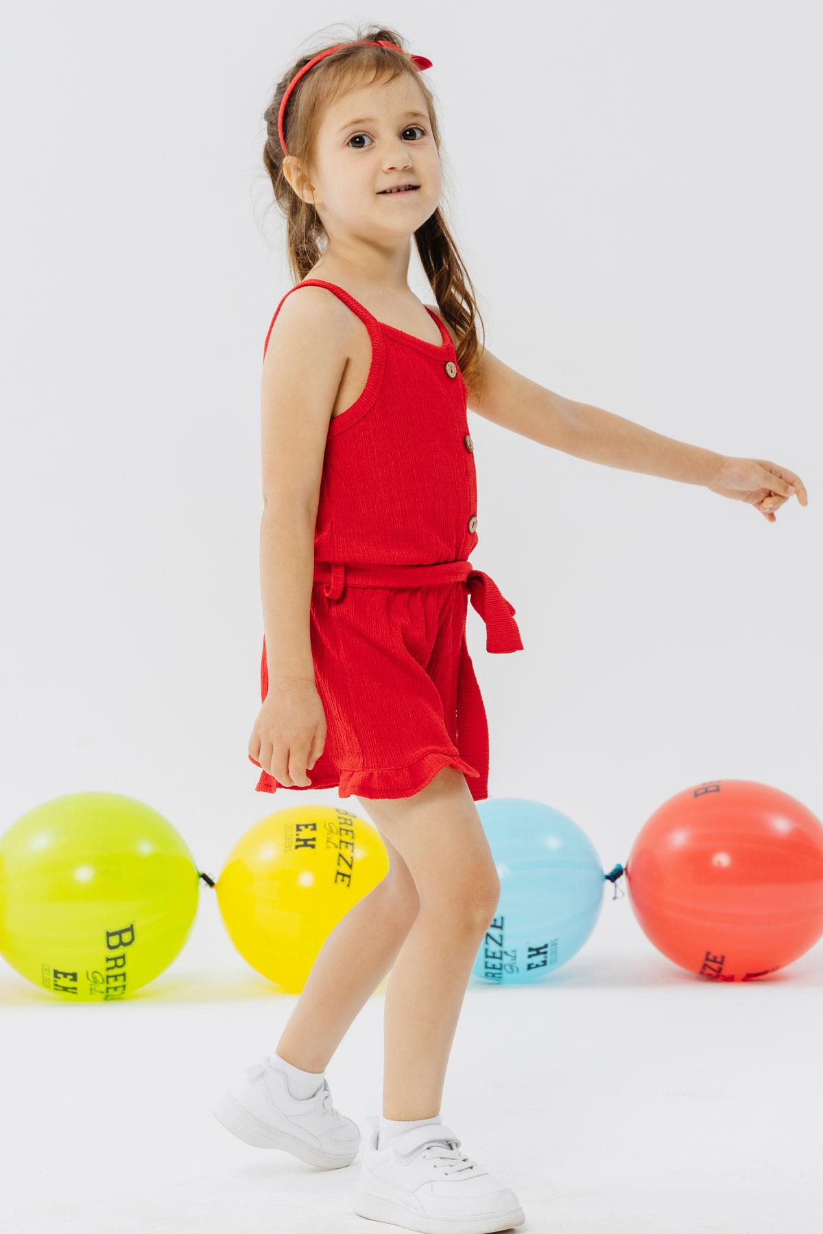 Breeze Kız Çocuk Şortlu Tulum Düğmeli Beli Kuşaklı Kırmızı (4-9 Yaş)