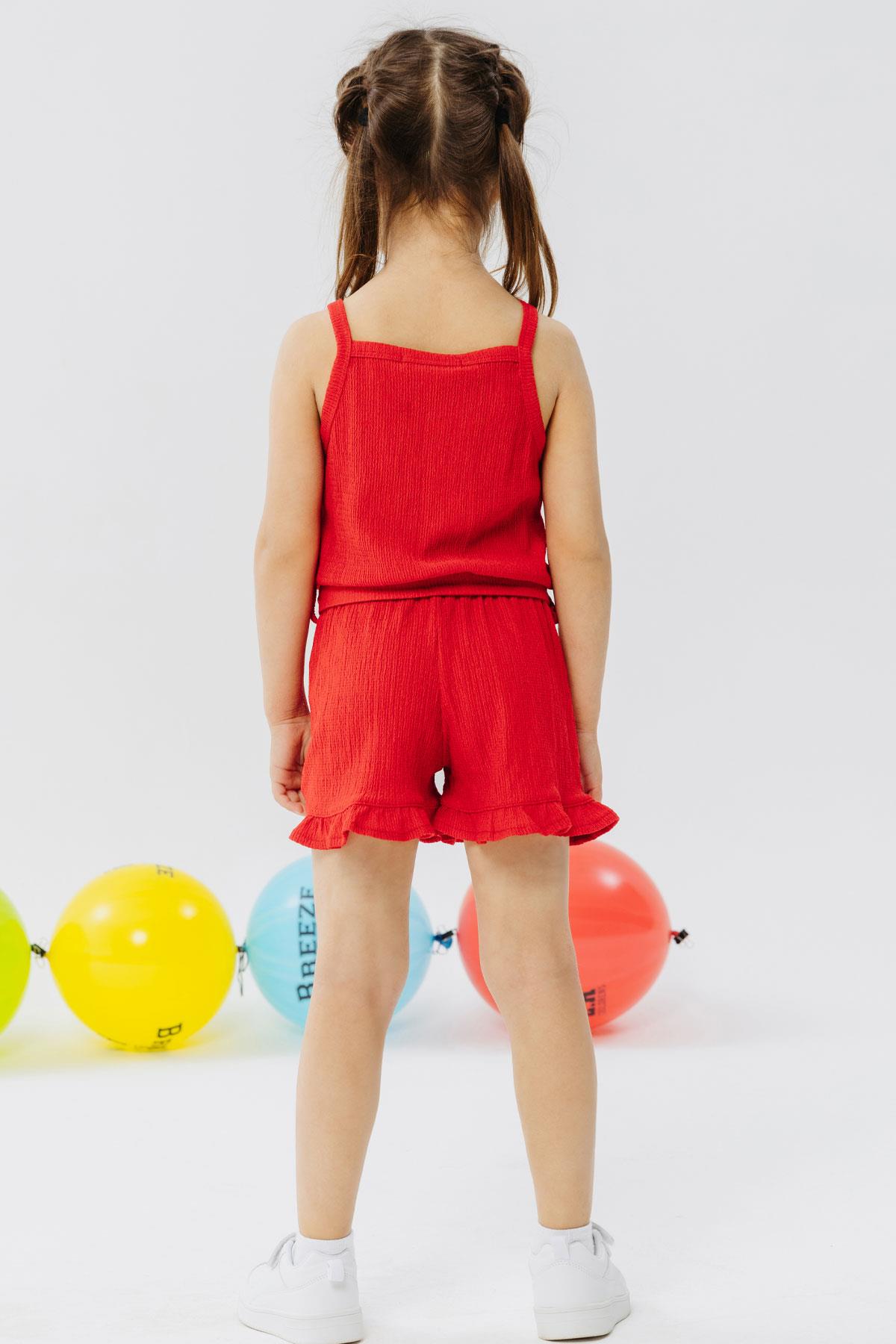 Breeze Kız Çocuk Şortlu Tulum Düğmeli Beli Kuşaklı Kırmızı (4-9 Yaş)