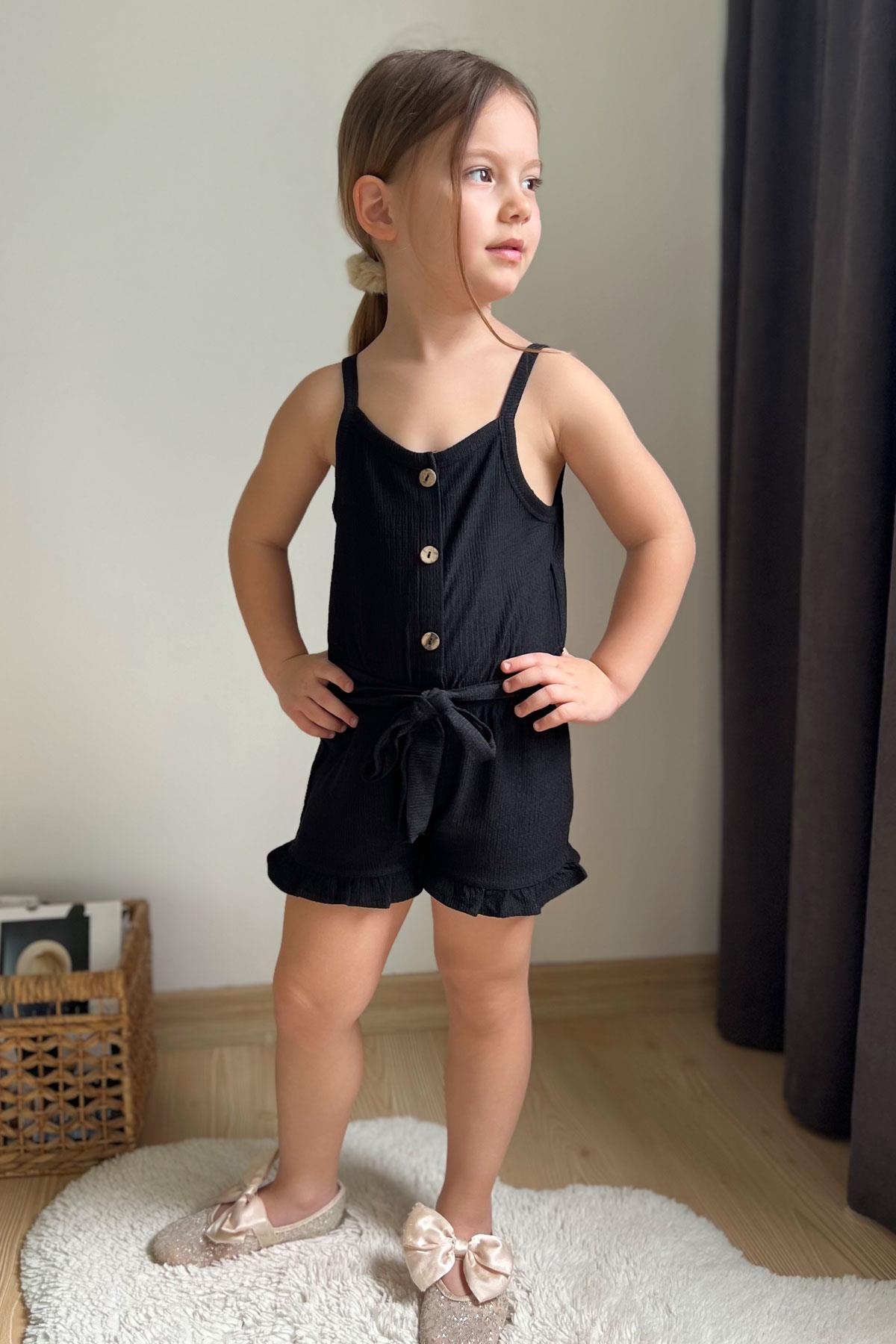 Breeze Kız Çocuk Şortlu Tulum Düğmeli Beli Kuşaklı Siyah (4-9 Yaş)