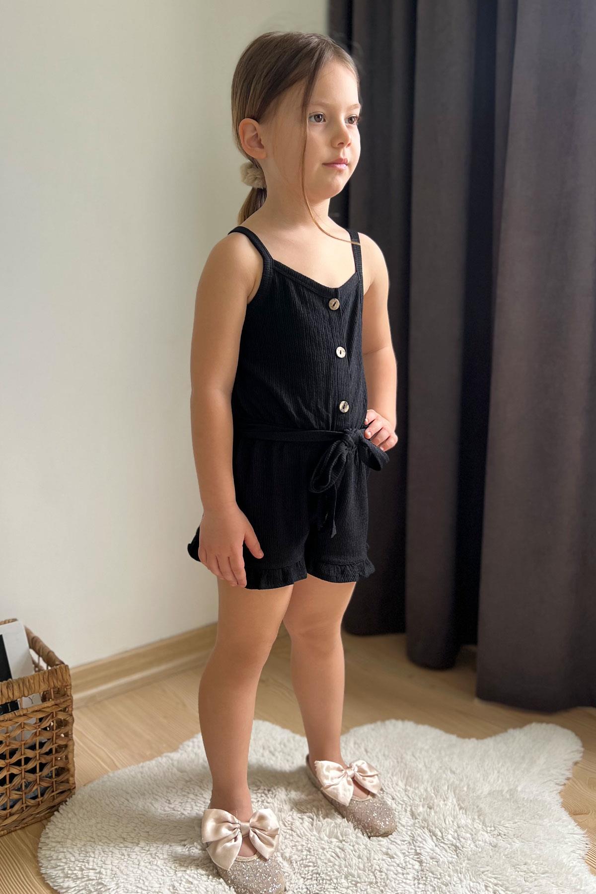 Breeze Kız Çocuk Şortlu Tulum Düğmeli Beli Kuşaklı Siyah (4-9 Yaş)