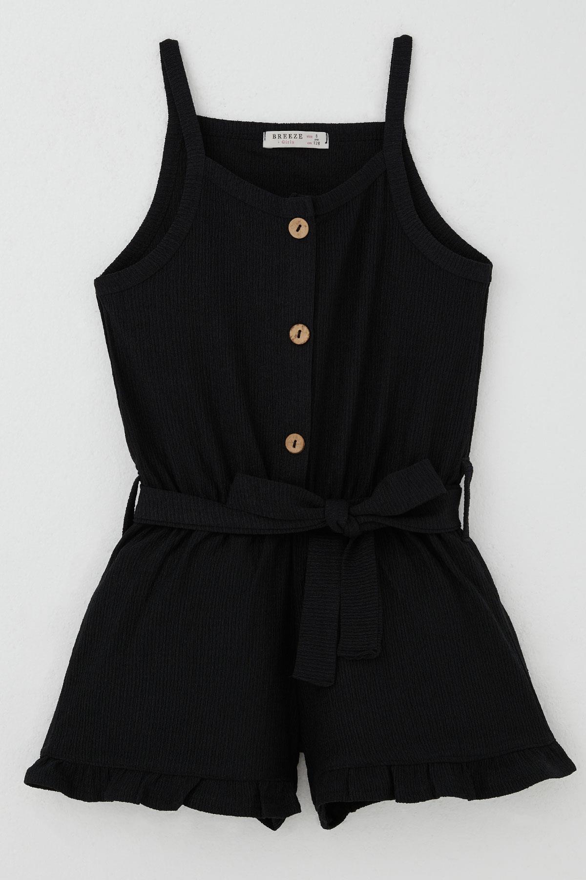 Breeze Kız Çocuk Şortlu Tulum Düğmeli Beli Kuşaklı Siyah (4-9 Yaş)