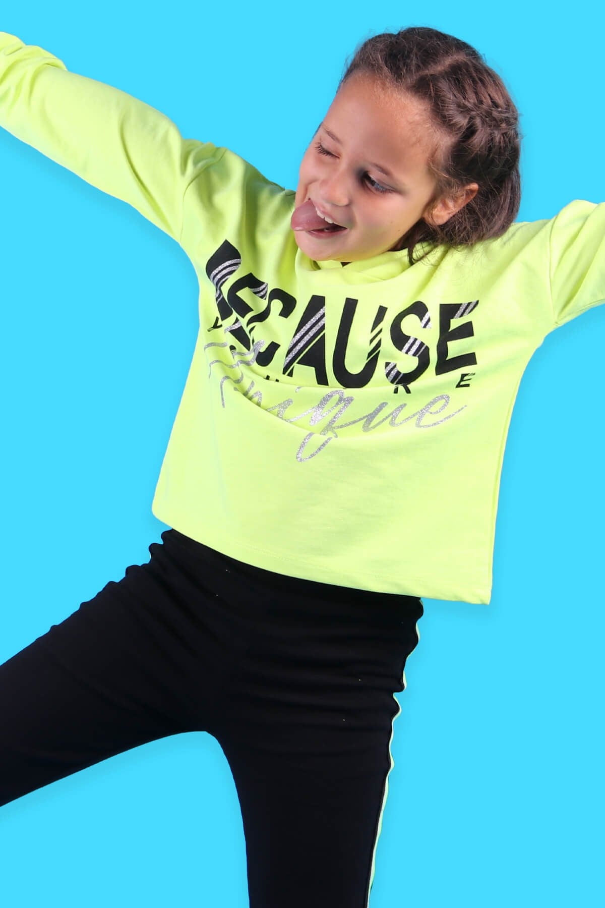 Breeze Kız Çocuk Sweat Göbek Üstü Kapüşonlu Neon Yeşil (8-9 Yaş)