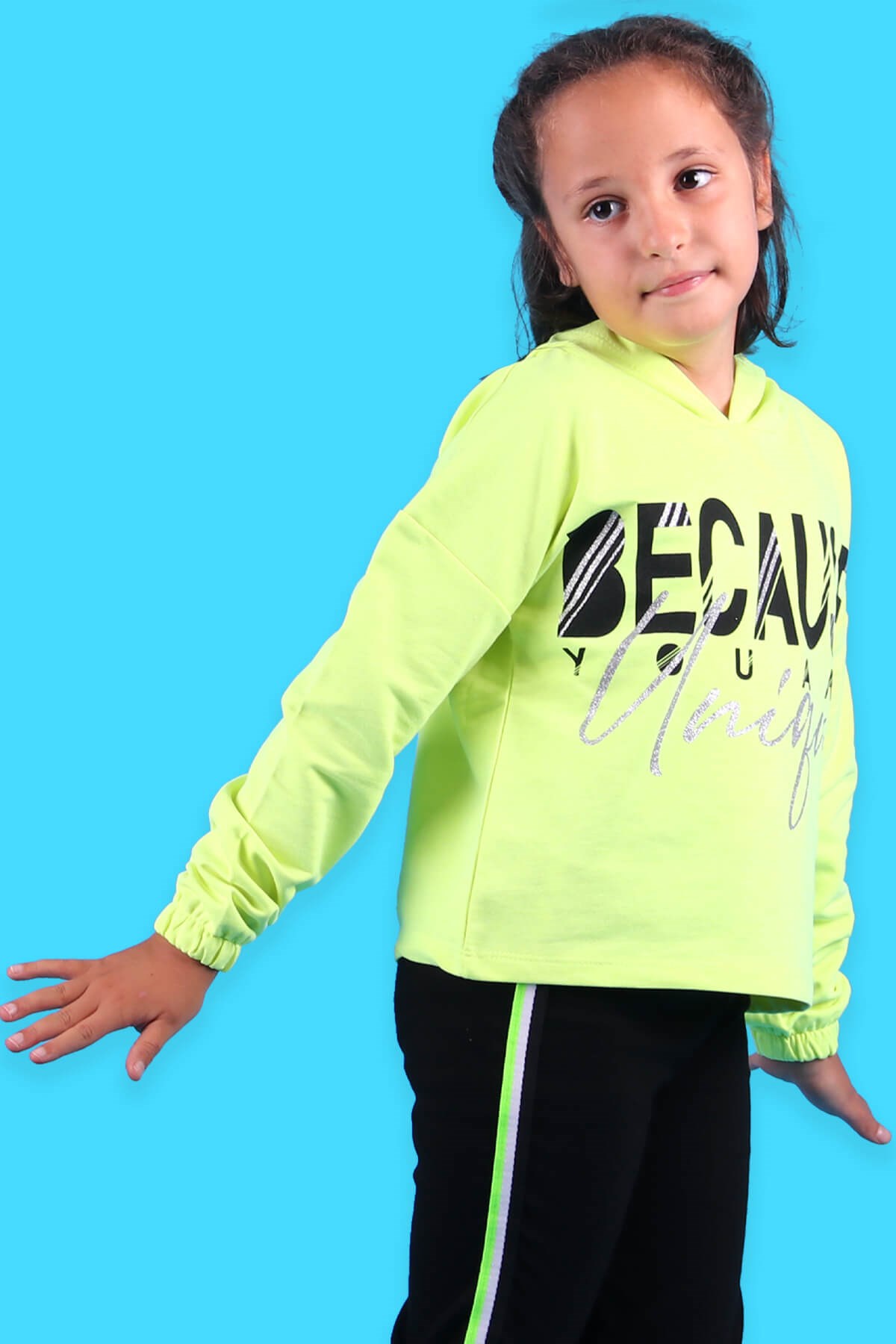 Breeze Kız Çocuk Sweat Göbek Üstü Kapüşonlu Neon Yeşil (8-9 Yaş)