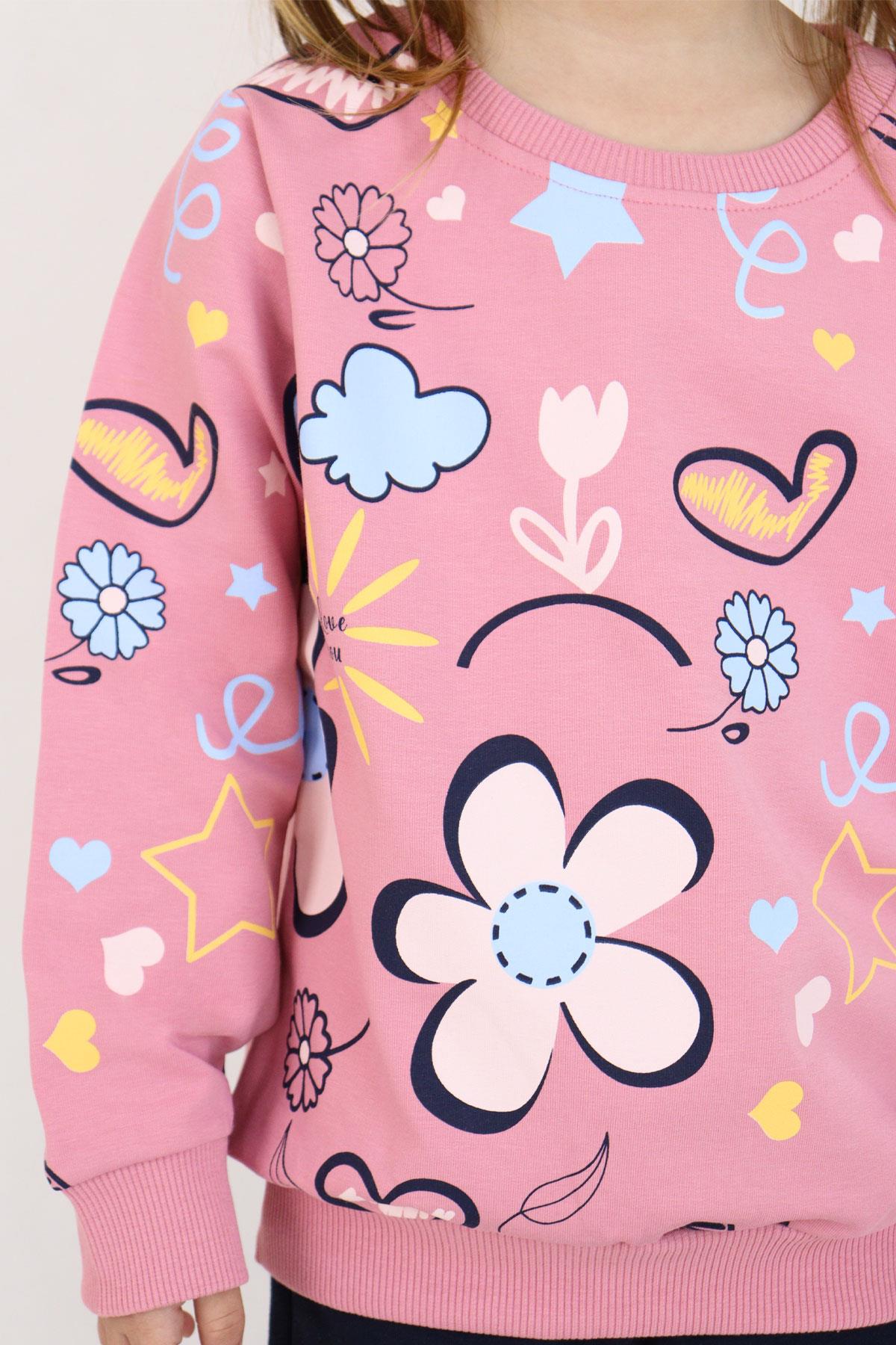 Breeze Kız Çocuk Sweatshirt Bahar Temalı Çiçek Desenli Gülkurusu (2-5 Yaş)