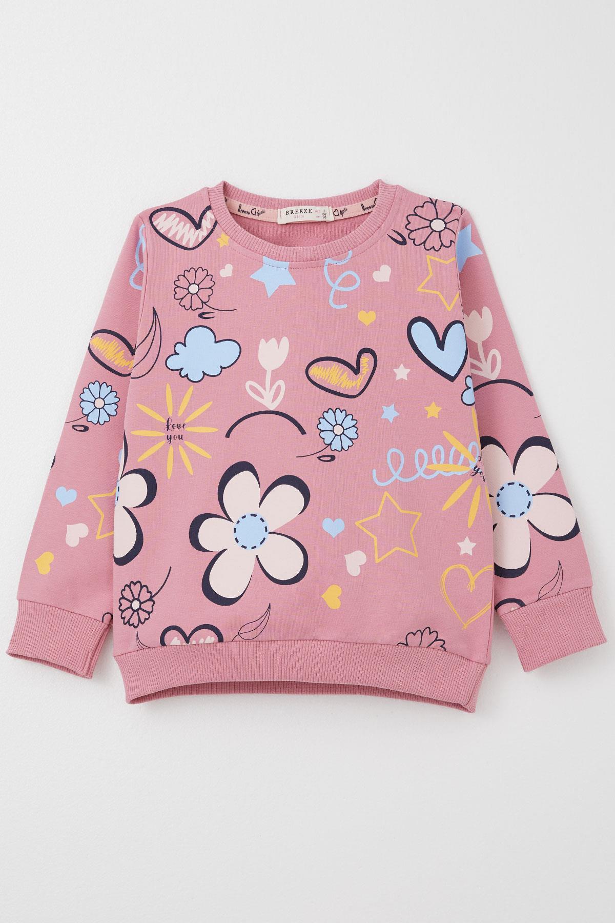 Breeze Kız Çocuk Sweatshirt Bahar Temalı Çiçek Desenli Gülkurusu (2-5 Yaş)
