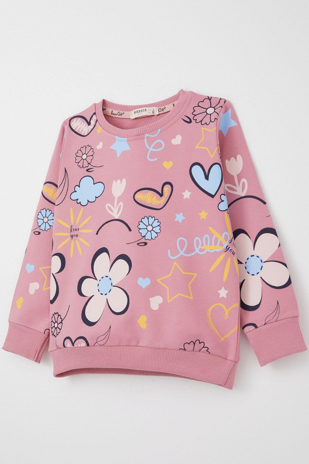 Breeze Kız Çocuk Sweatshirt Bahar Temalı Çiçek Desenli Gülkurusu (2-5 Yaş)