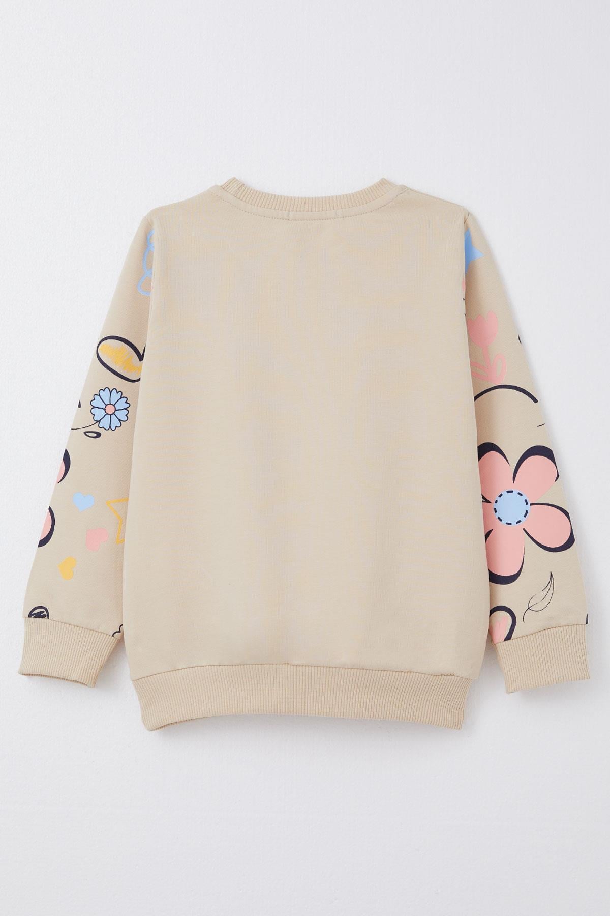 Breeze Kız Çocuk Sweatshirt Bahar Temalı Çiçek Desenli Bej (2-6 Yaş)