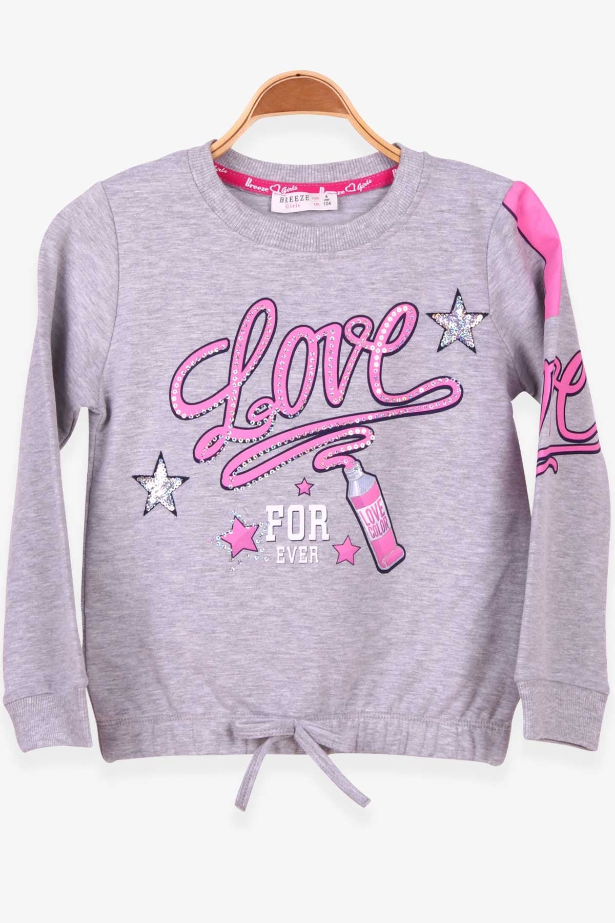 Breeze Kız Çocuk Sweatshirt Baskılı Fiyonklu Gri Melanj (9 Yaş)