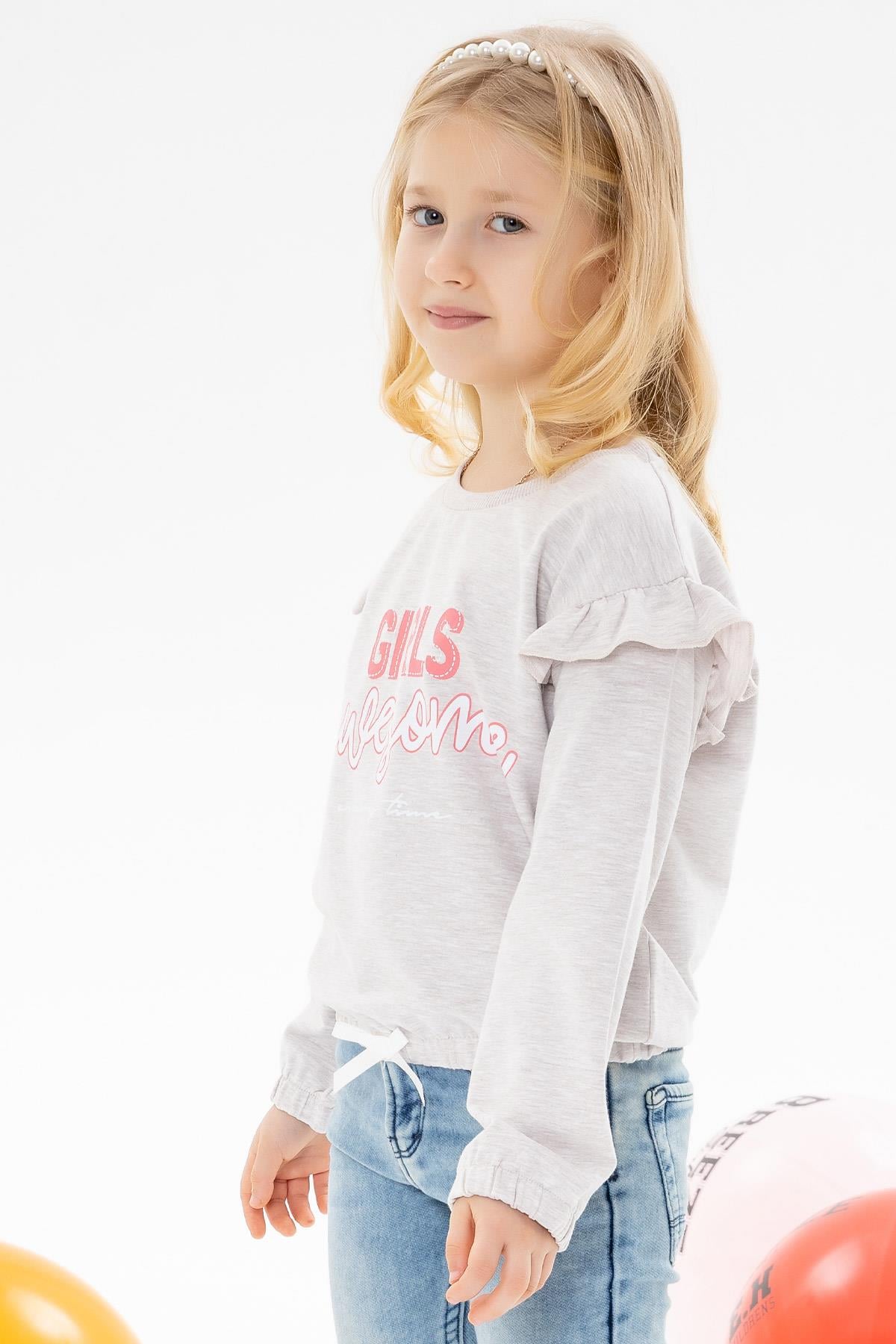Breeze Kız Çocuk Sweatshirt Baskılı Fırfırlı Bej Melanj (3-5 Yaş)