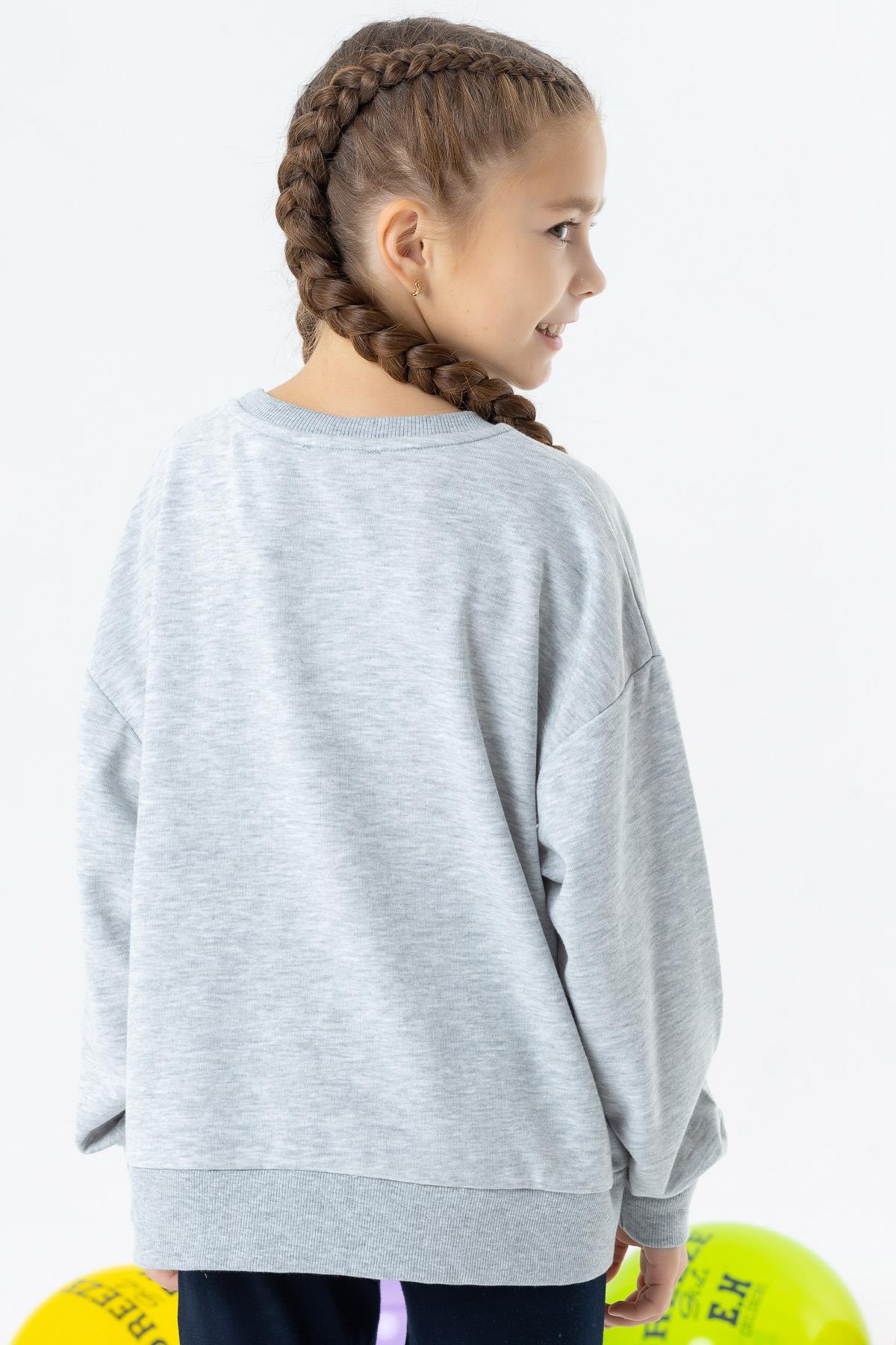 Breeze Kız Çocuk Sweatshirt Baskılı Gri Melanj (8-14 Yaş)