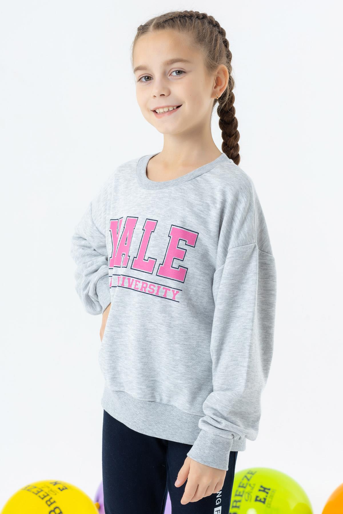 Breeze Kız Çocuk Sweatshirt Baskılı Gri Melanj (8-14 Yaş)