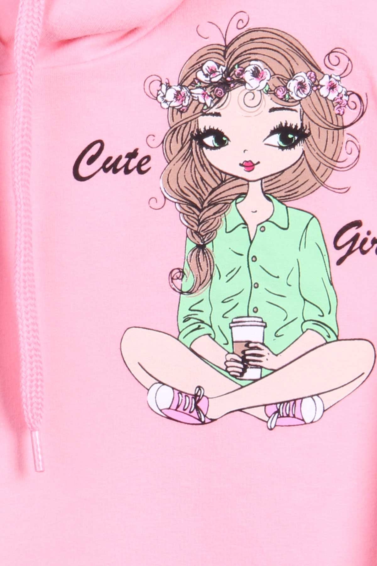 Breeze Kız Çocuk Sweatshirt Baskılı Kapüşonlu Pudra (7-12 Yaş)