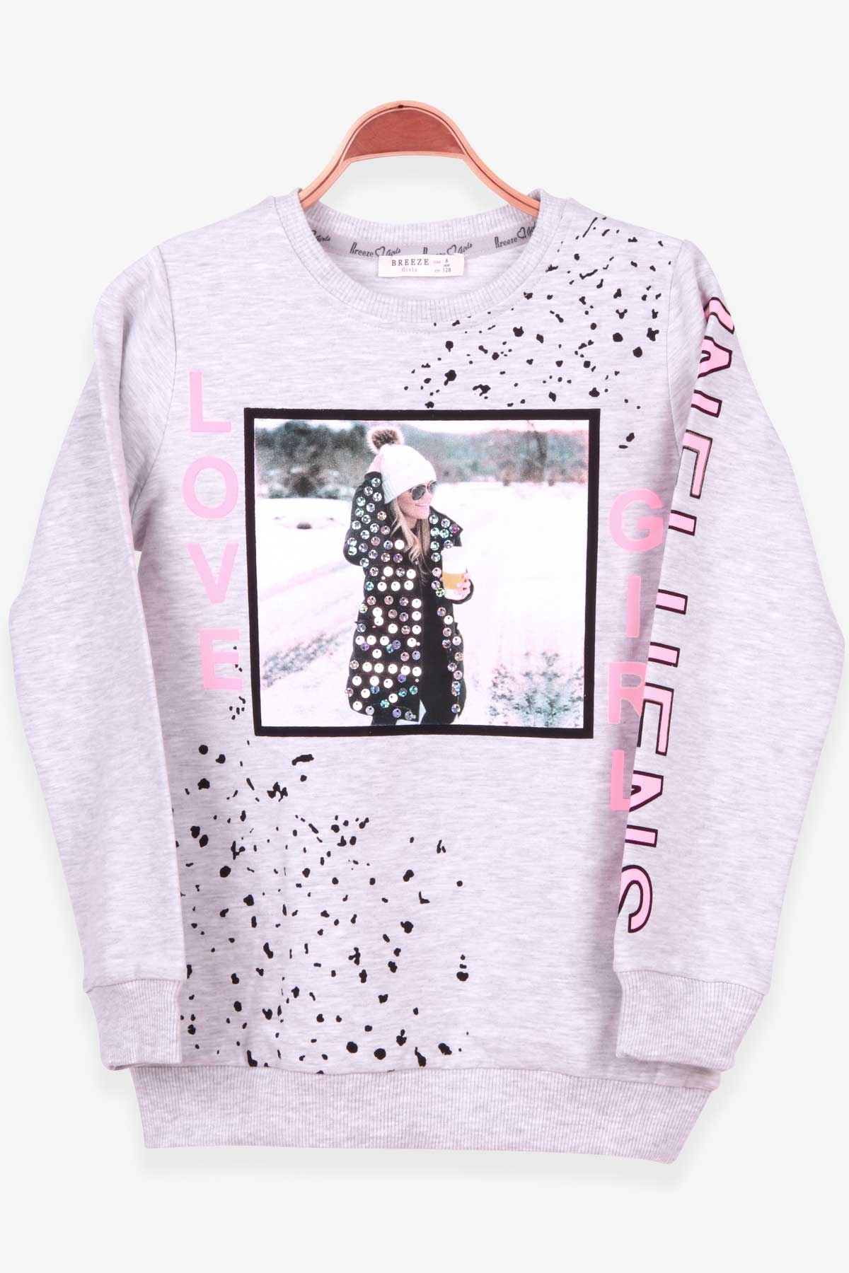 Breeze Kız Çocuk Sweatshirt Baskılı Pullu Açık Gri Melanj (8-14 Yaş)
