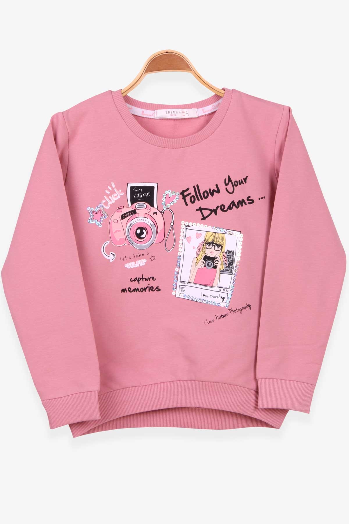 Breeze Kız Çocuk Sweatshirt Baskılı Pullu Gülkurusu (6-12 Yaş)