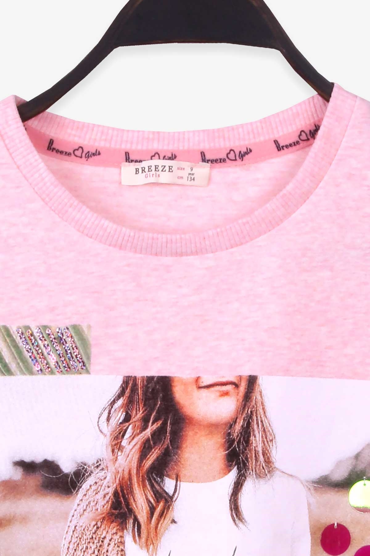 Breeze Kız Çocuk Sweatshirt Baskılı Pullu Somon Melanj (9-14 Yaş)