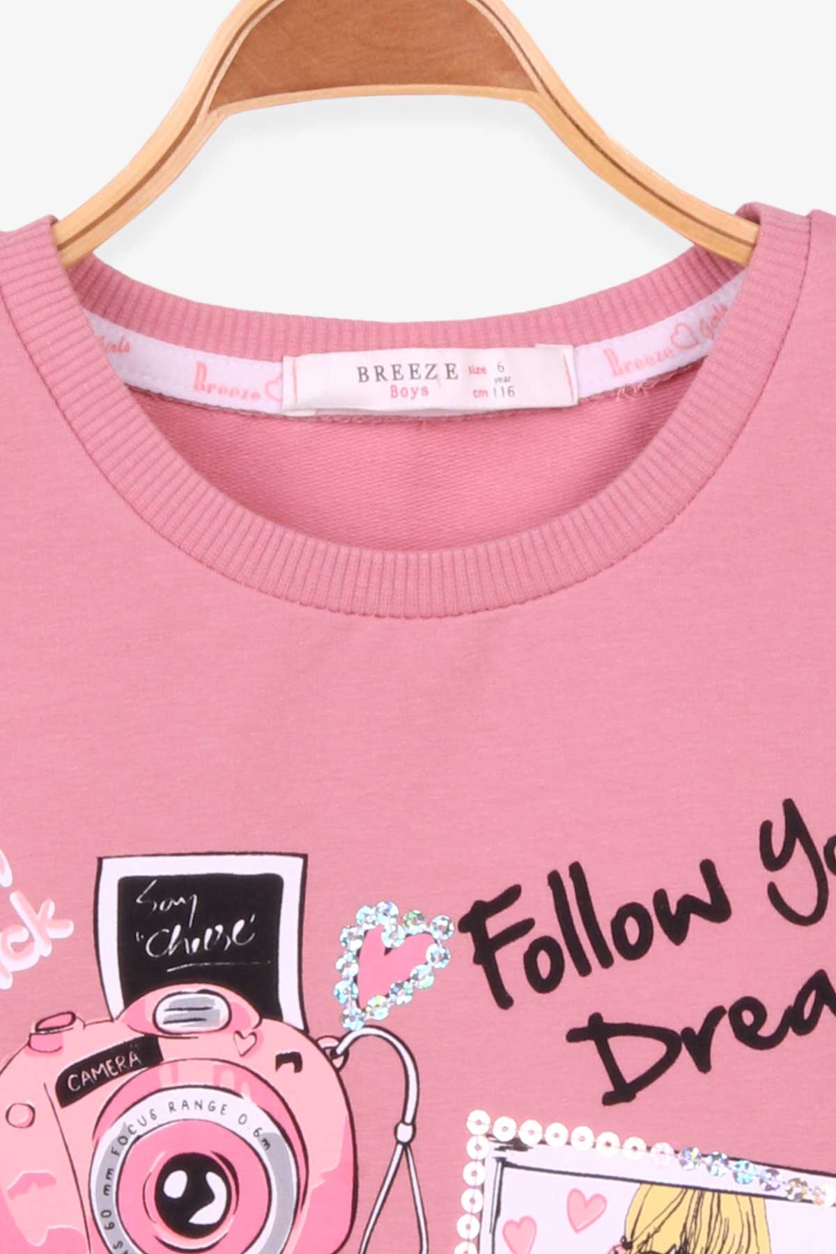 Breeze Kız Çocuk Sweatshirt Baskılı Pullu Gülkurusu (6-12 Yaş)