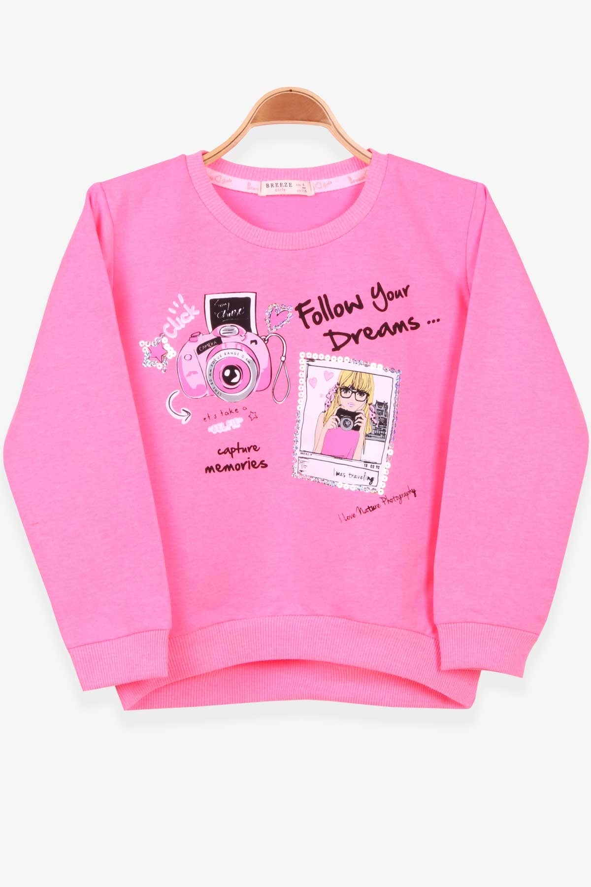 Breeze Kız Çocuk Sweatshirt Baskılı Pullu Neon Pembe (6-12 Yaş)