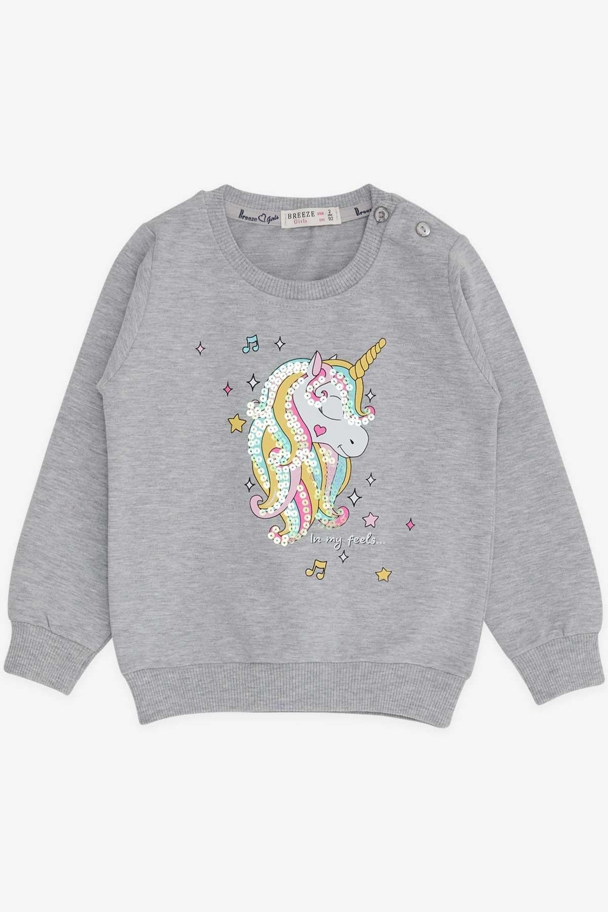 Breeze Kız Çocuk Sweatshirt Baskılı Pullu Unicorn Gri Melanj (2-3 Yaş)