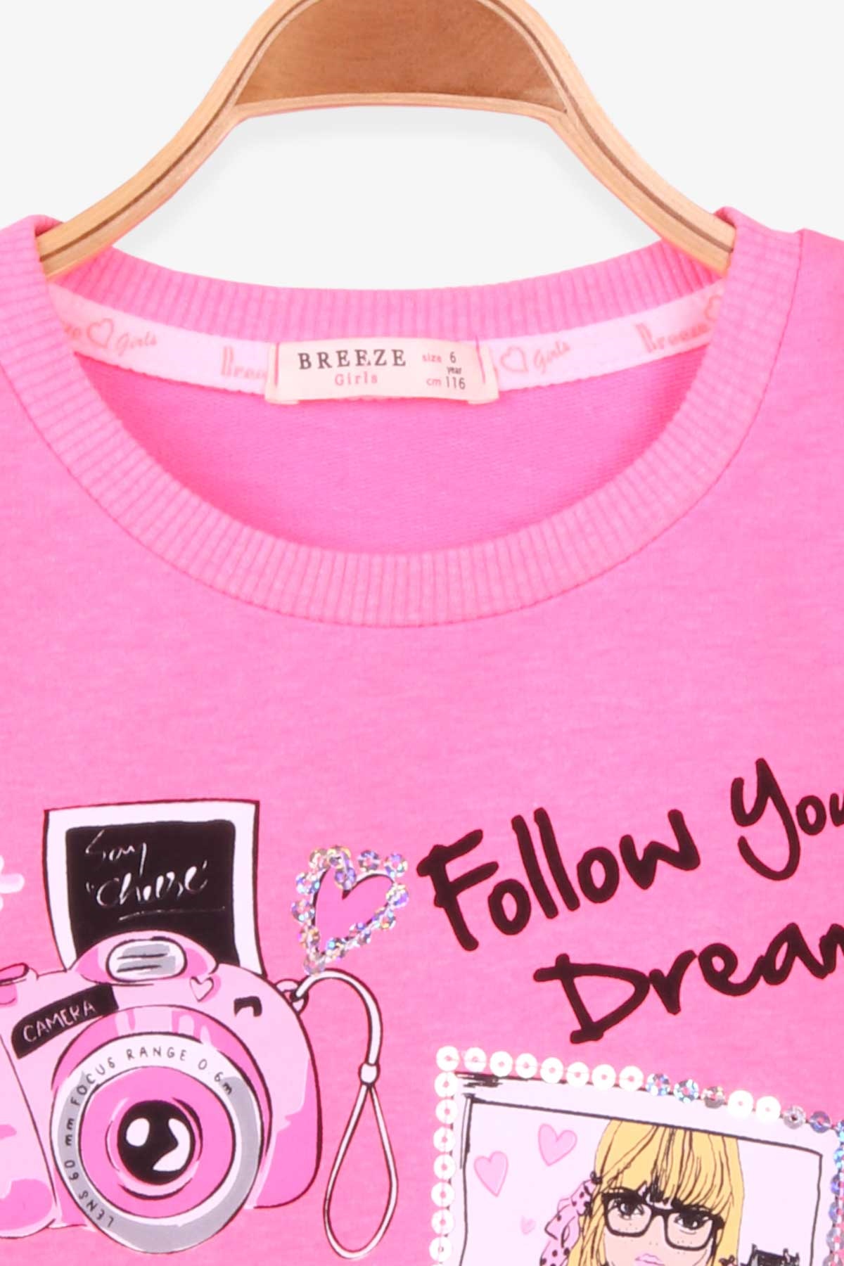 Breeze Kız Çocuk Sweatshirt Baskılı Pullu Neon Pembe (6-12 Yaş)