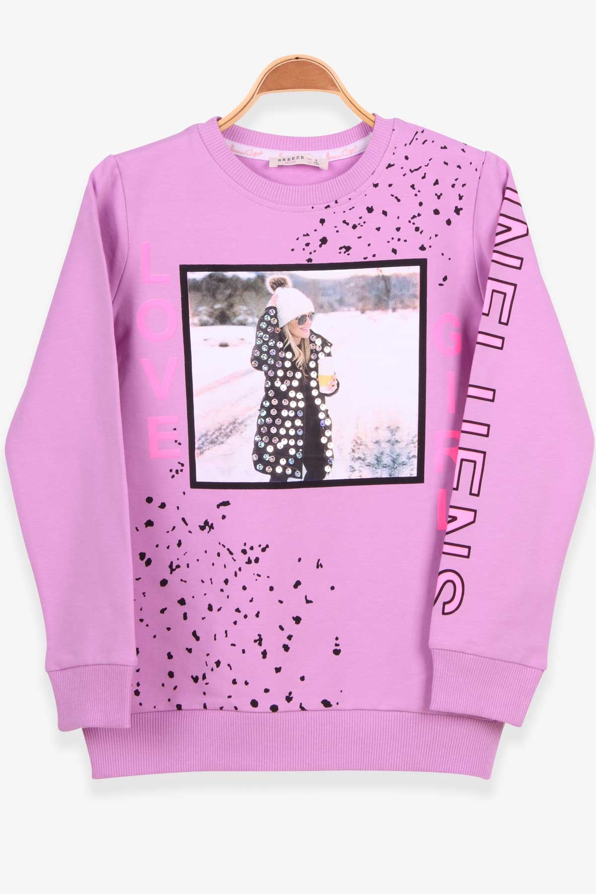Breeze Kız Çocuk Sweatshirt Baskılı Pullu Eflatun (8-14 Yaş)
