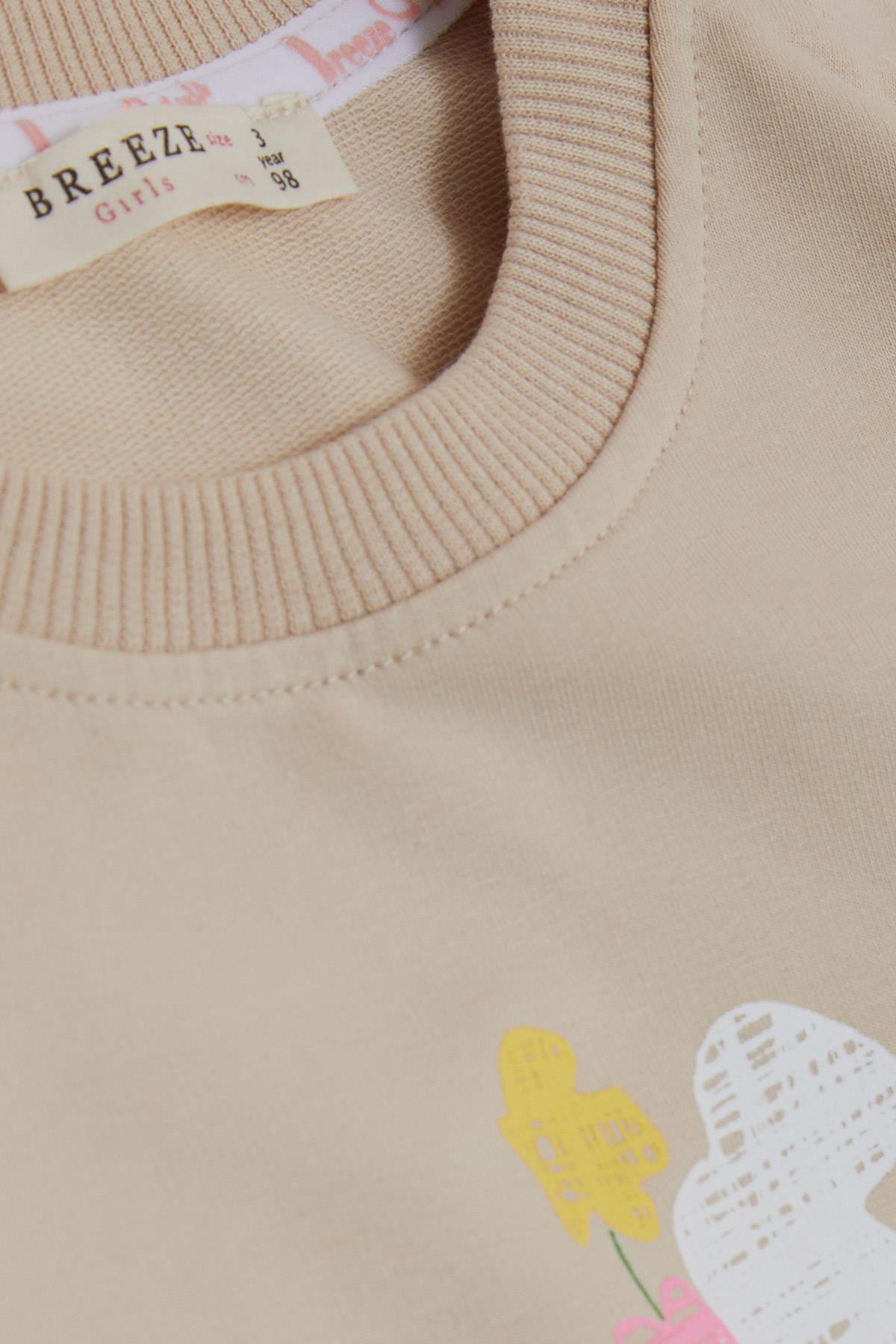 Breeze Kız Çocuk Sweatshirt Cepli Çiçek Baskılı Bej (1-4 Yaş)
