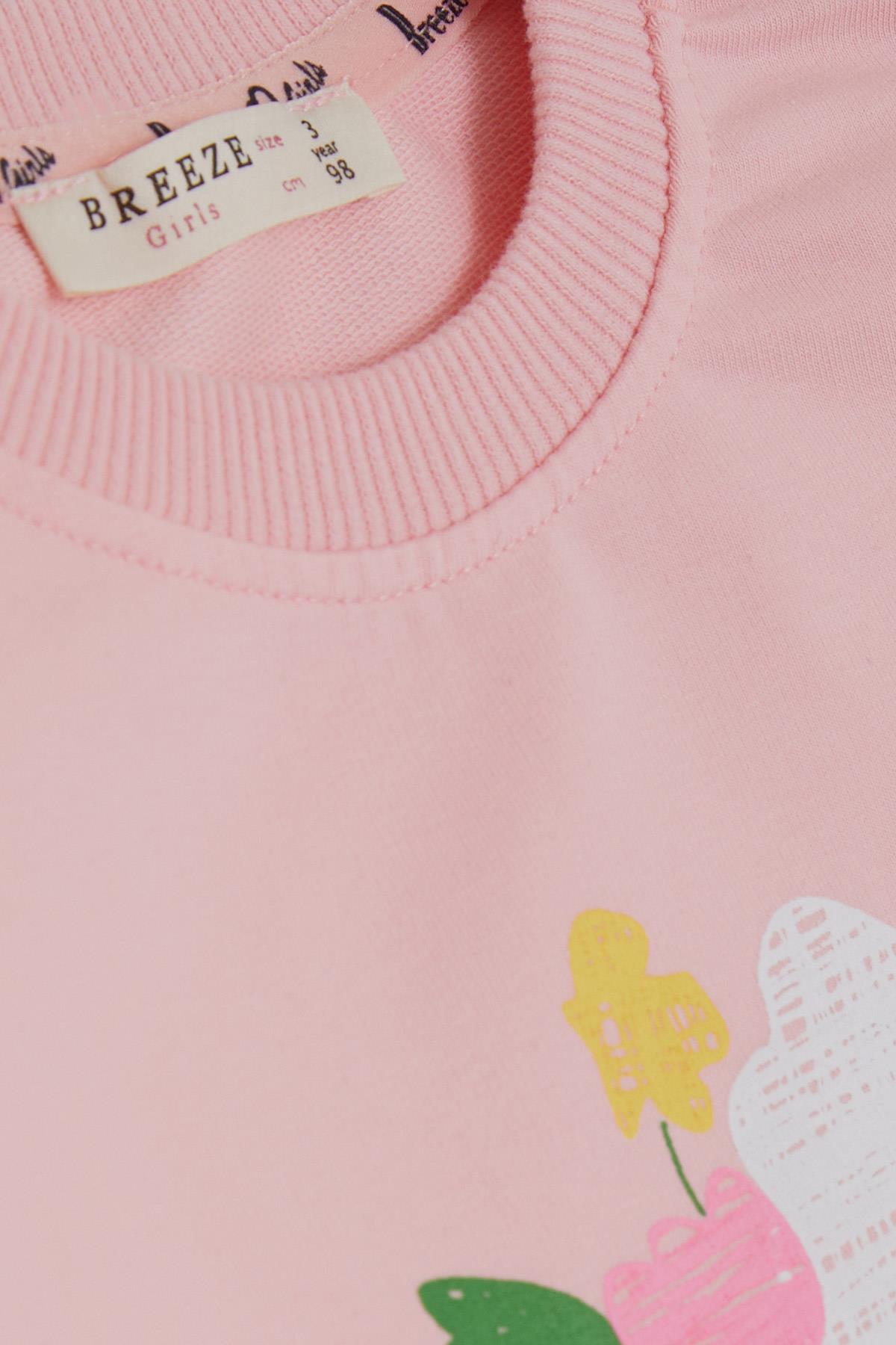 Breeze Kız Çocuk Sweatshirt Cepli Çiçek Baskılı Pembe (1-4 Yaş)