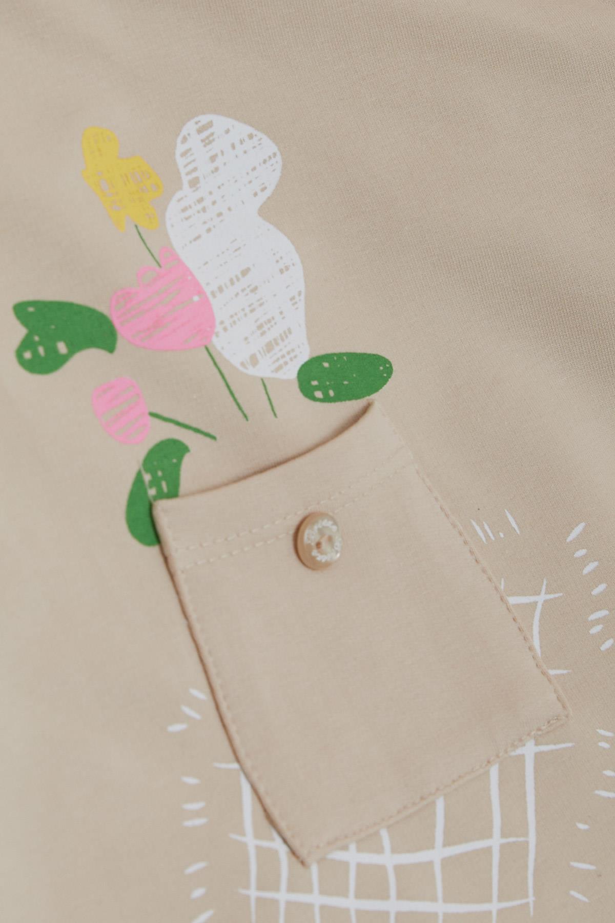 Breeze Kız Çocuk Sweatshirt Cepli Çiçek Baskılı Bej (1-4 Yaş)