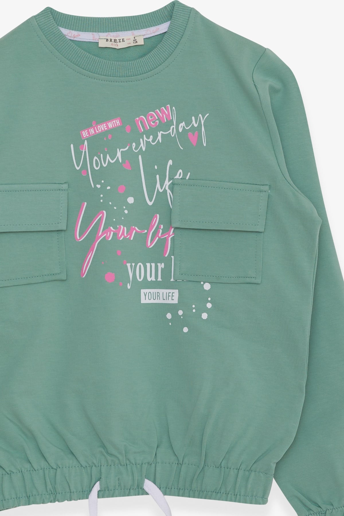 Breeze Kız Çocuk Sweatshirt Cepli Yazı Baskılı Mint Yeşili (8-14 Yaş)
