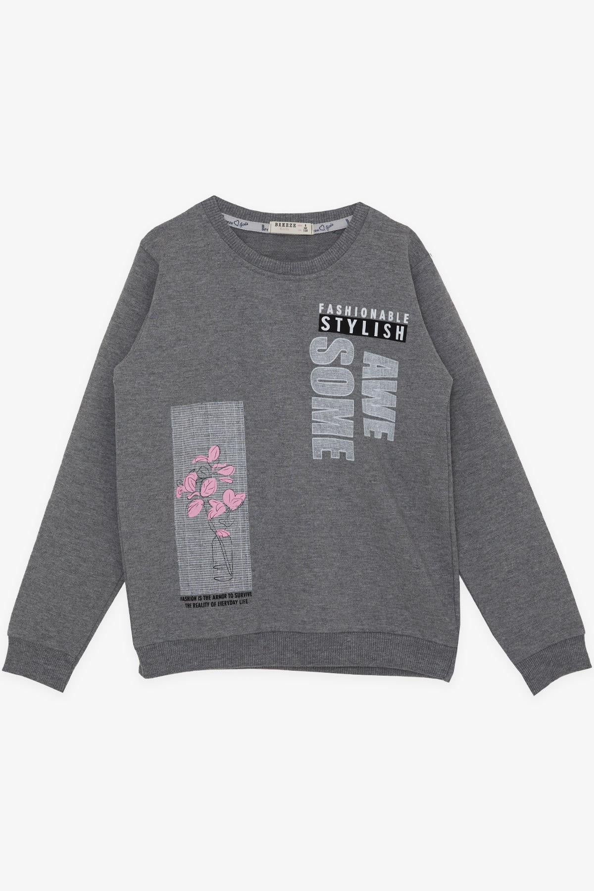 Breeze Kız Çocuk Sweatshirt Çiçek Baskılı Koyu Gri Melanj (6-12 Yaş)