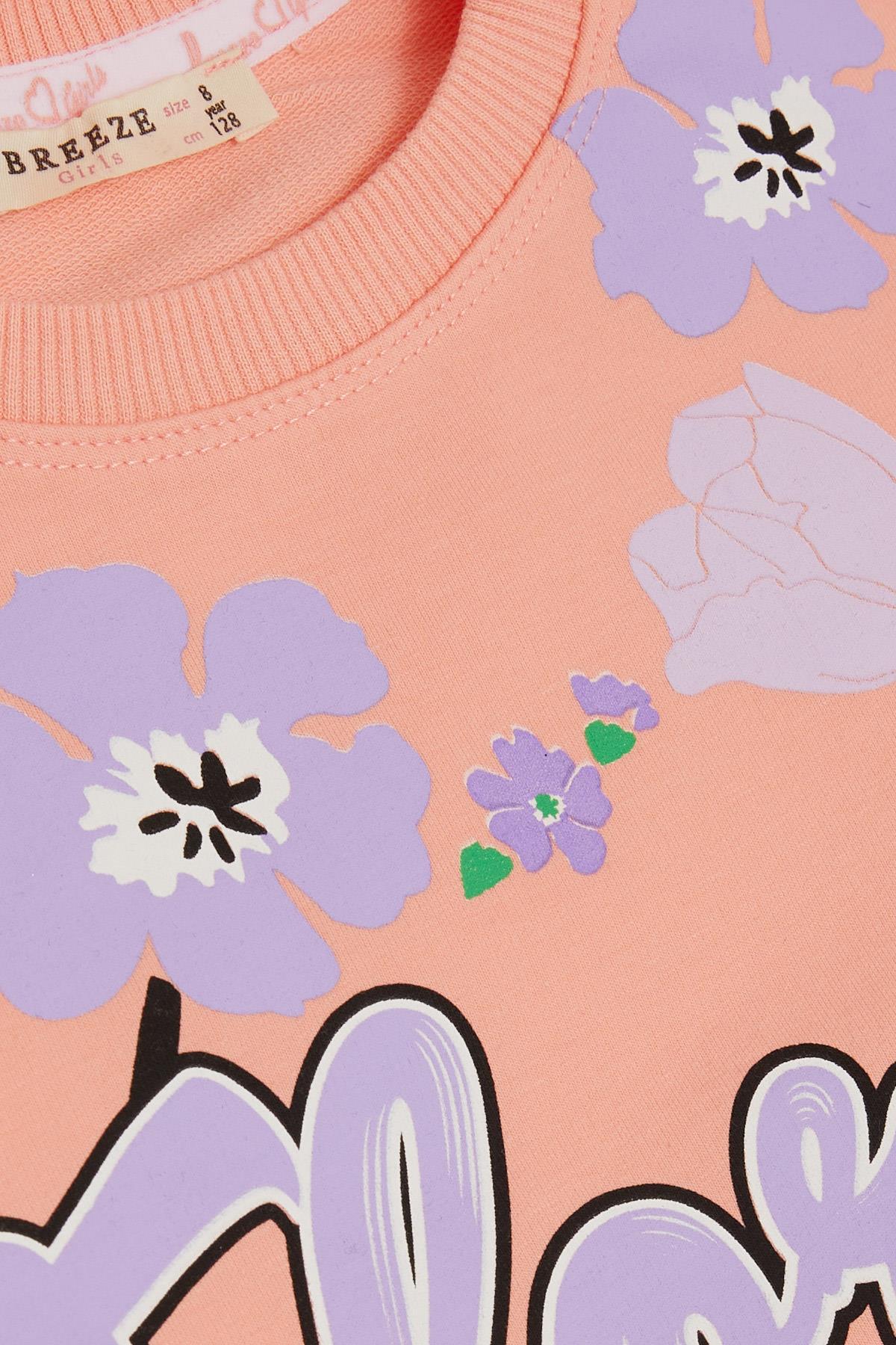 Breeze Kız Çocuk Sweatshirt Çiçek Baskılı Somon (6-12 Yaş)