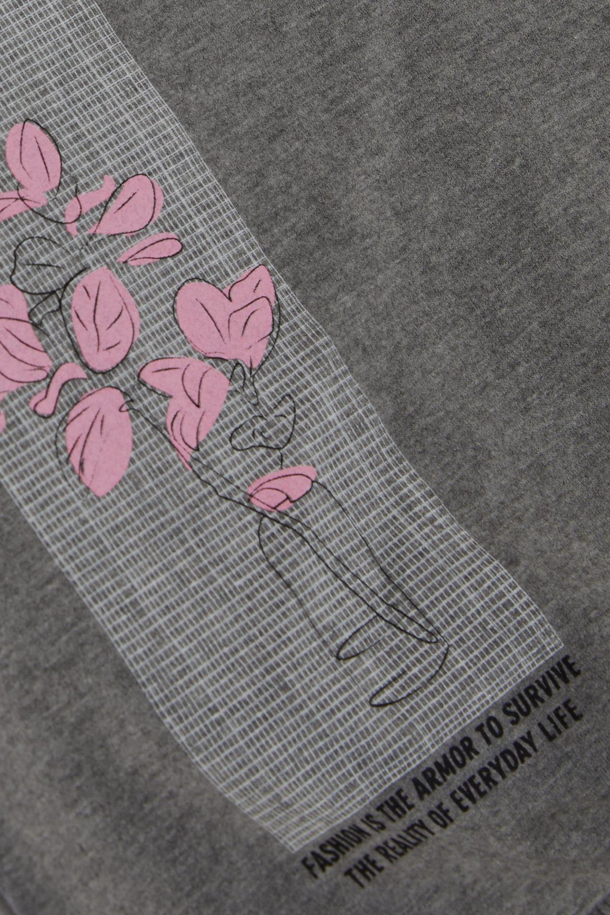 Breeze Kız Çocuk Sweatshirt Çiçek Baskılı Koyu Gri Melanj (6-12 Yaş)