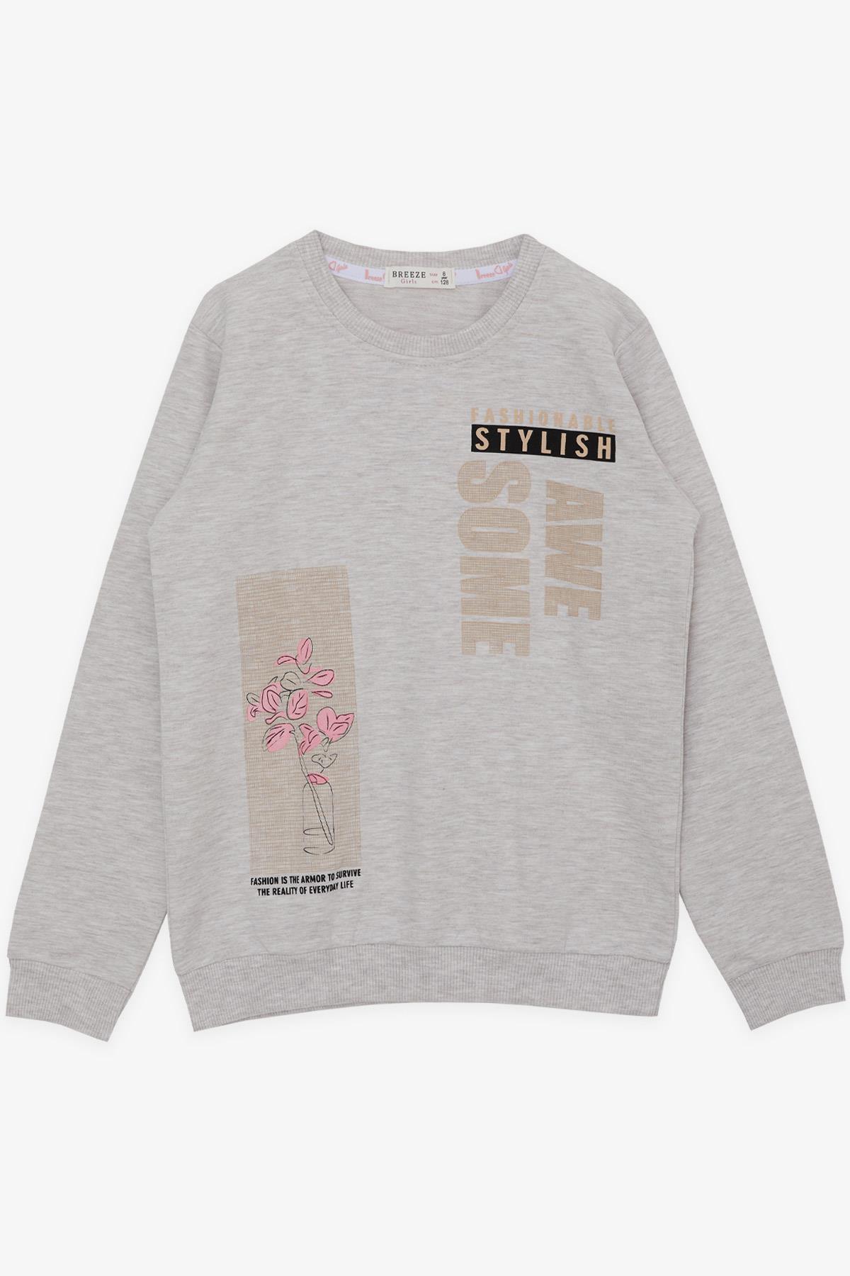 Breeze Kız Çocuk Sweatshirt Çiçek Baskılı Bej Melanj (6-12 Yaş)