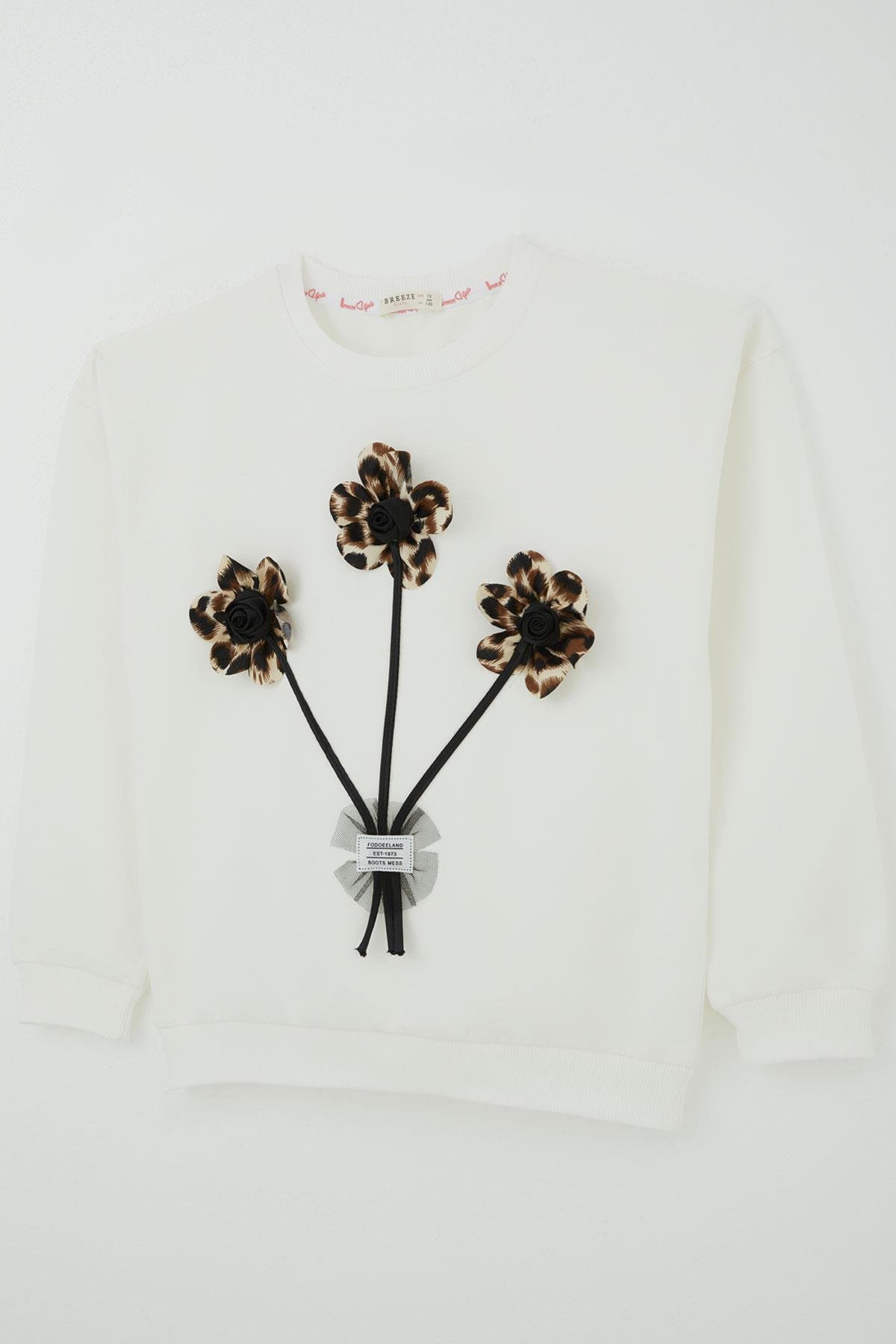 Breeze Kız Çocuk Sweatshirt Çiçek Buketi Yazı Armalı Tüllü Ekru (9-14 Yaş)