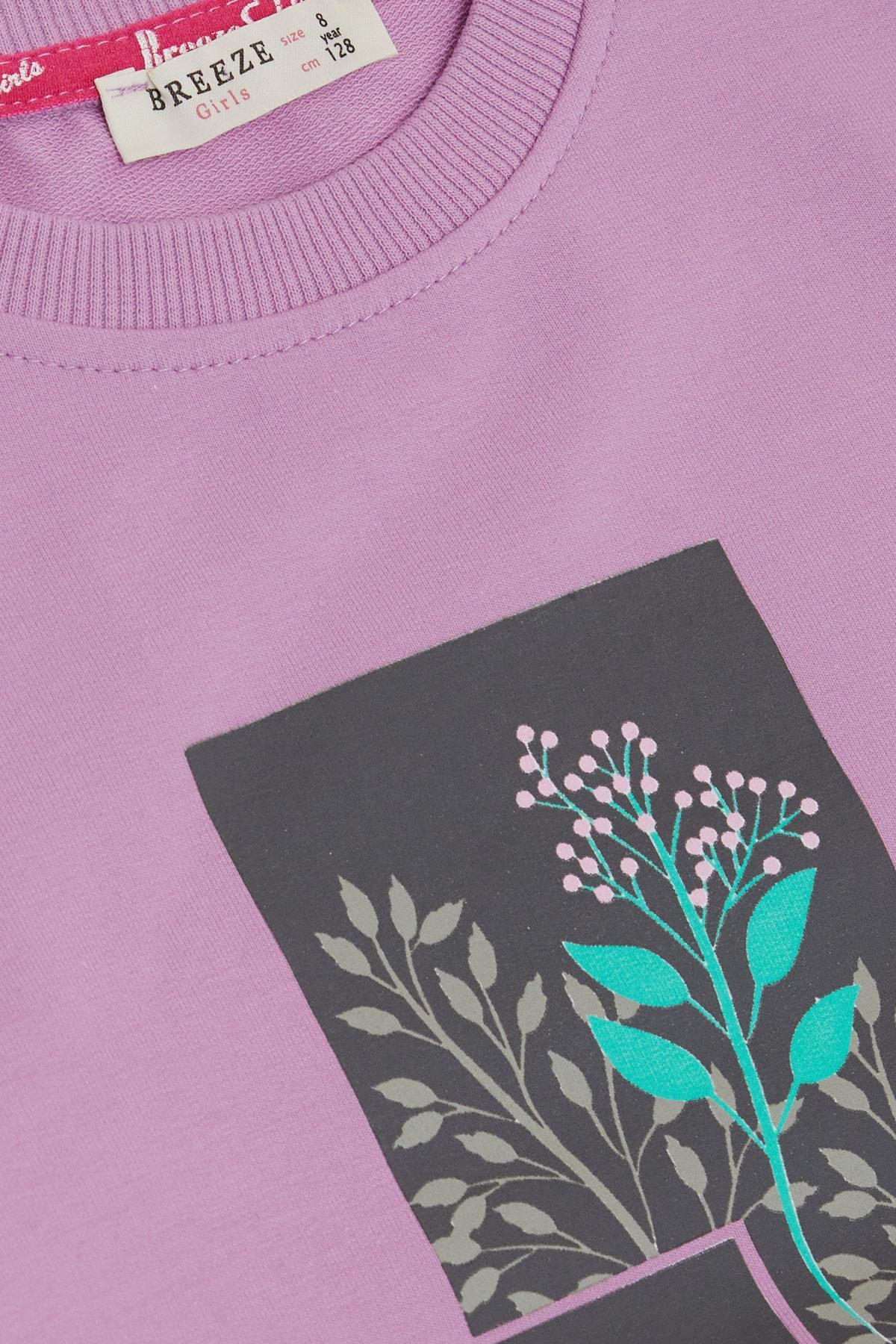 Breeze Kız Çocuk Sweatshirt Çiçek & Yazı Baskılı Eflatun (6-12 Yaş)