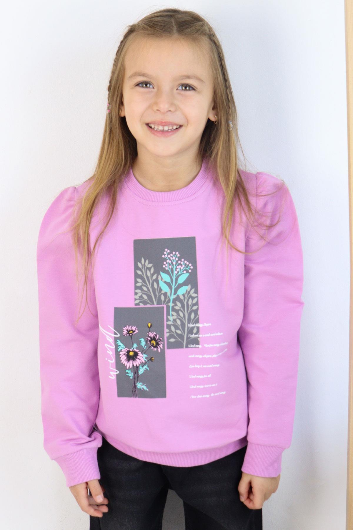 Breeze Kız Çocuk Sweatshirt Çiçek & Yazı Baskılı Eflatun (6-12 Yaş)