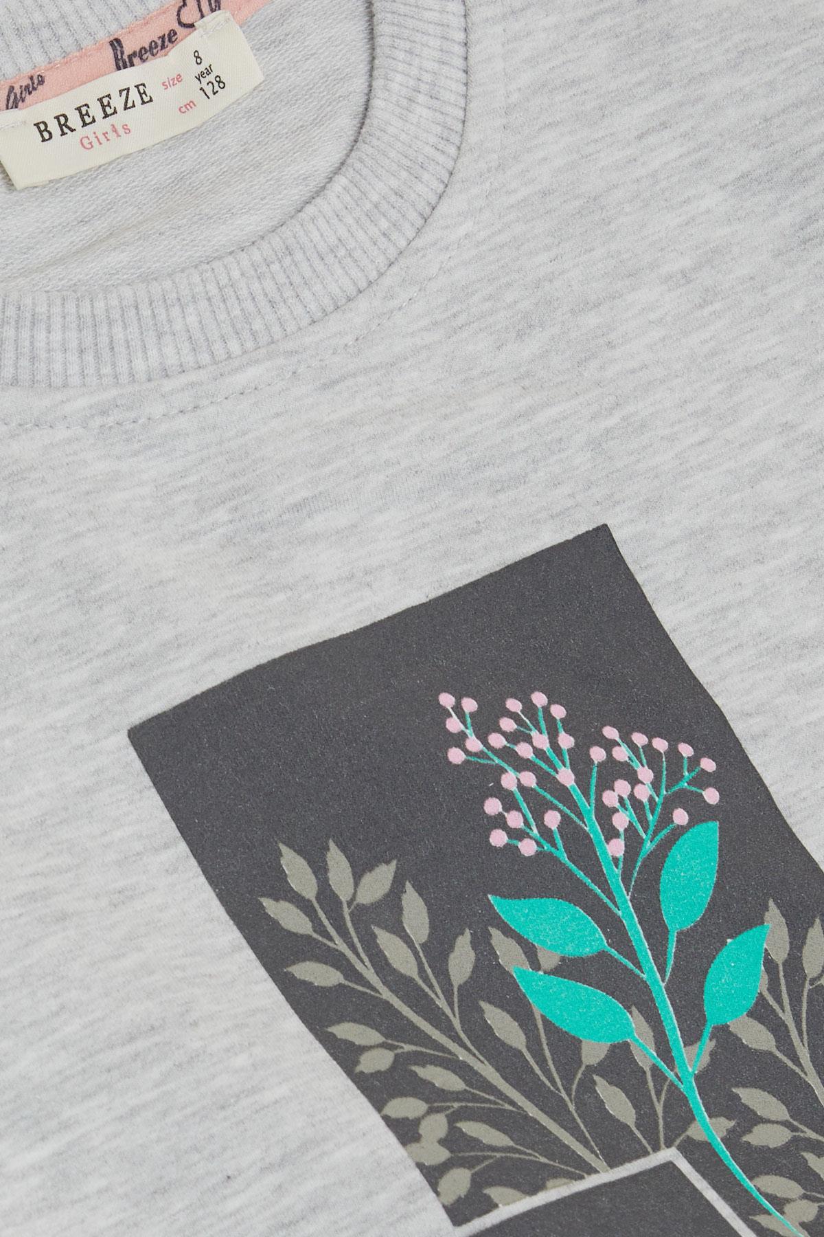 Breeze Kız Çocuk Sweatshirt Çiçek & Yazı Baskılı Açık Gri Melanj (6-12 Yaş)