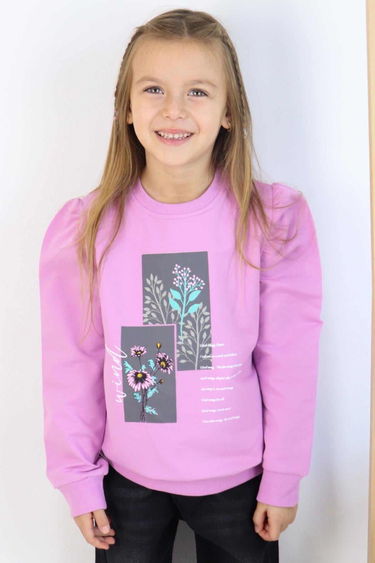 Breeze Kız Çocuk Sweatshirt Çiçek & Yazı Baskılı Eflatun (6-12 Yaş)