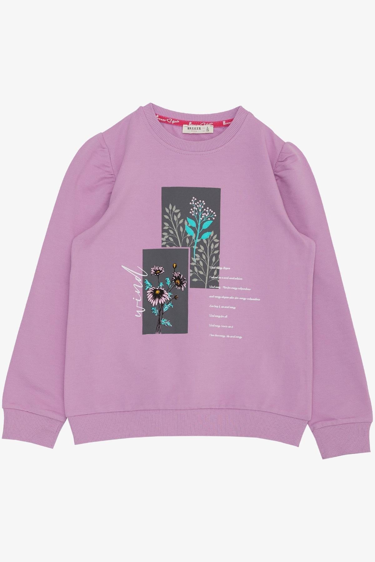 Breeze Kız Çocuk Sweatshirt Çiçek & Yazı Baskılı Eflatun (6-12 Yaş)