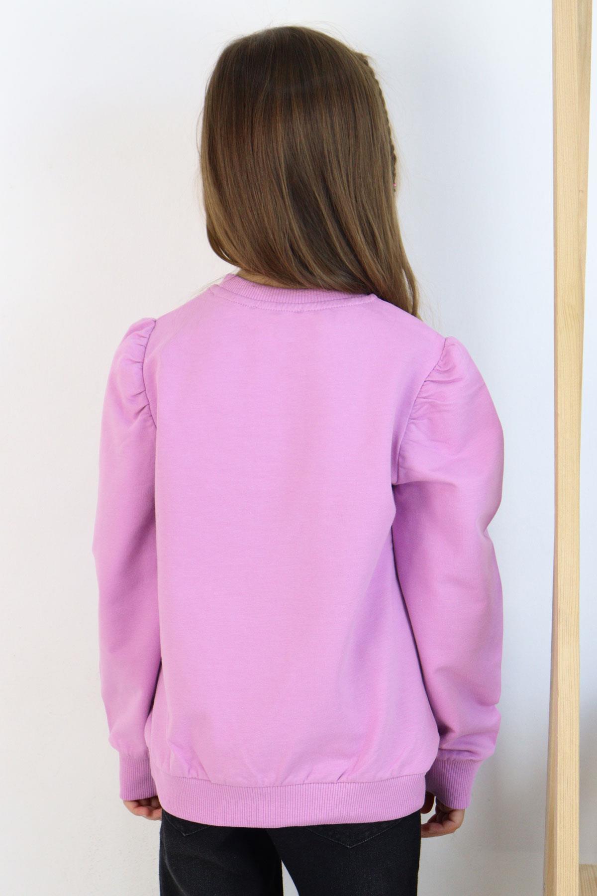Breeze Kız Çocuk Sweatshirt Çiçek & Yazı Baskılı Eflatun (6-12 Yaş)
