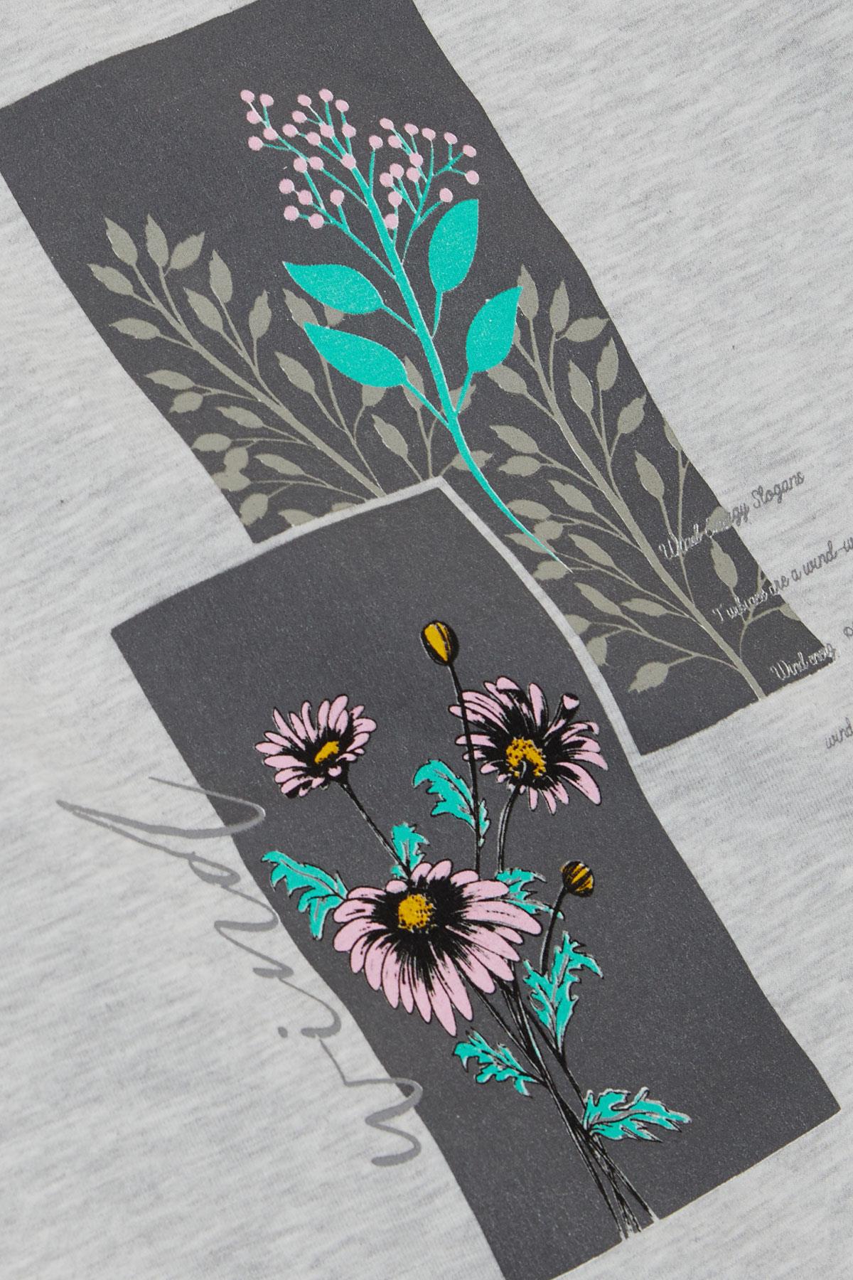 Breeze Kız Çocuk Sweatshirt Çiçek & Yazı Baskılı Açık Gri Melanj (6-12 Yaş)