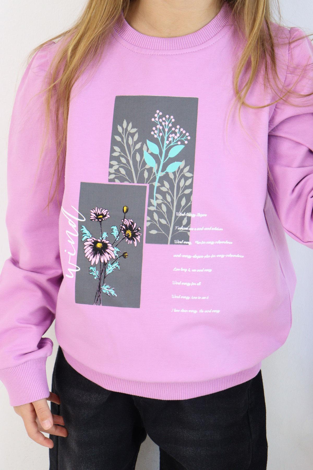 Breeze Kız Çocuk Sweatshirt Çiçek & Yazı Baskılı Eflatun (6-12 Yaş)