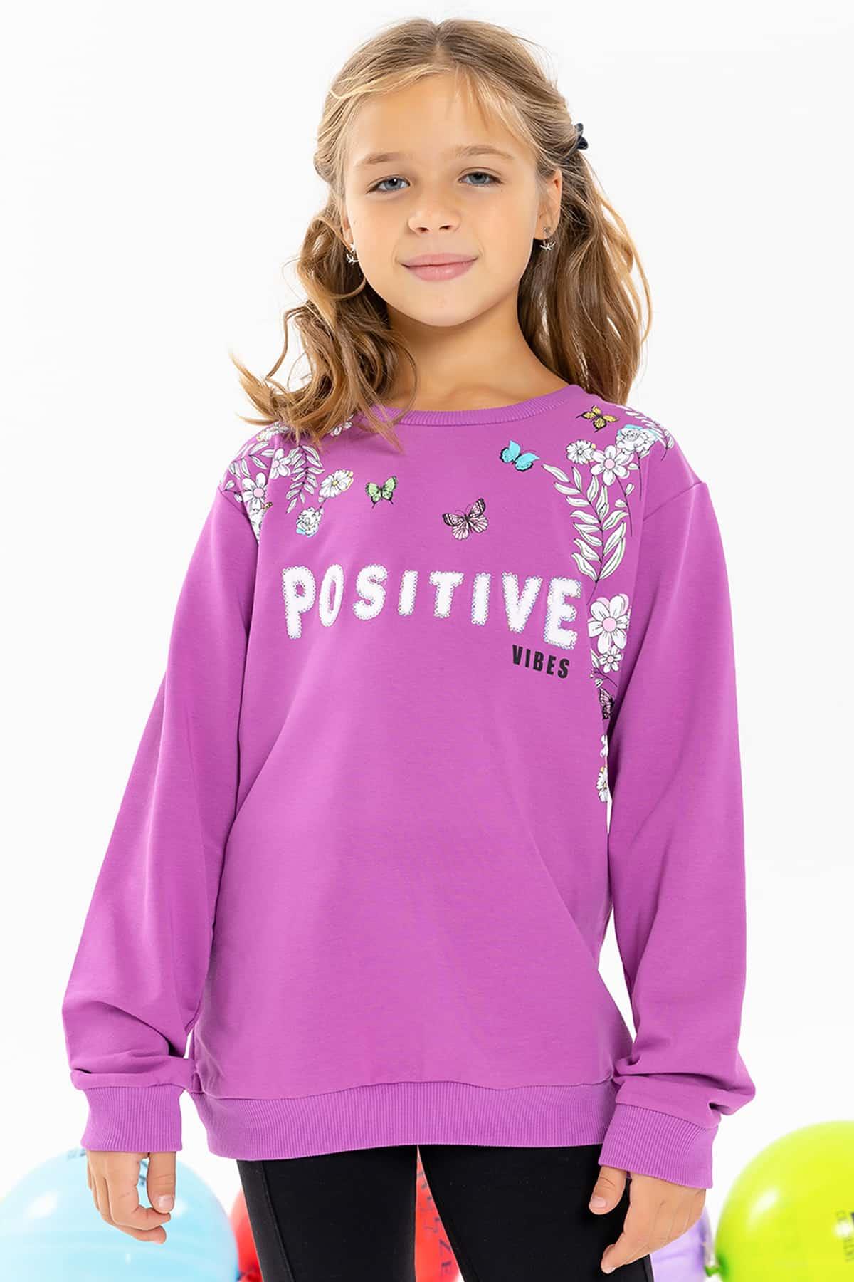 Breeze Kız Çocuk Sweatshirt Çiçekli Kelebek Baskılı Mor (8 Yaş)