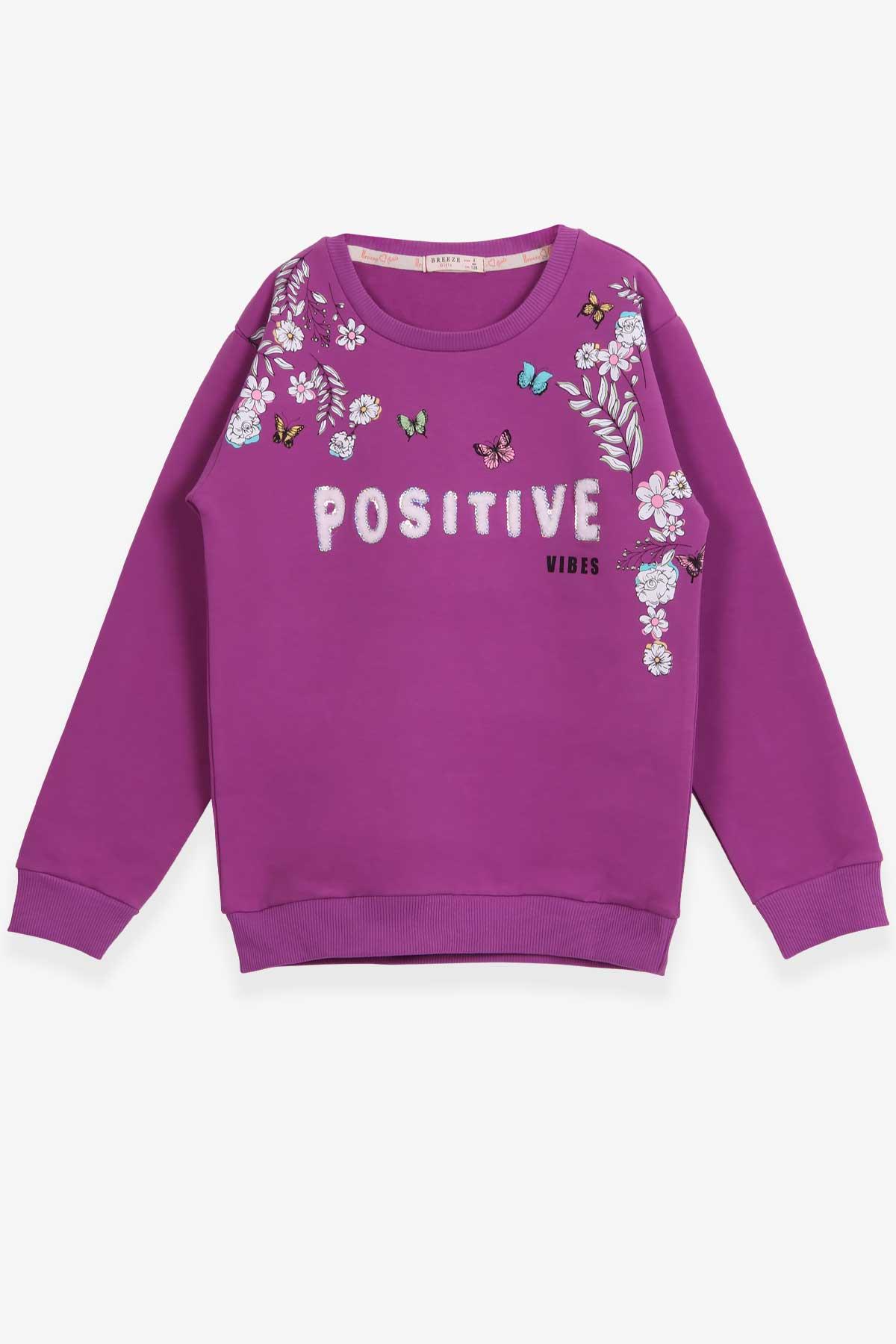 Breeze Kız Çocuk Sweatshirt Çiçekli Kelebek Baskılı Mor (8 Yaş)