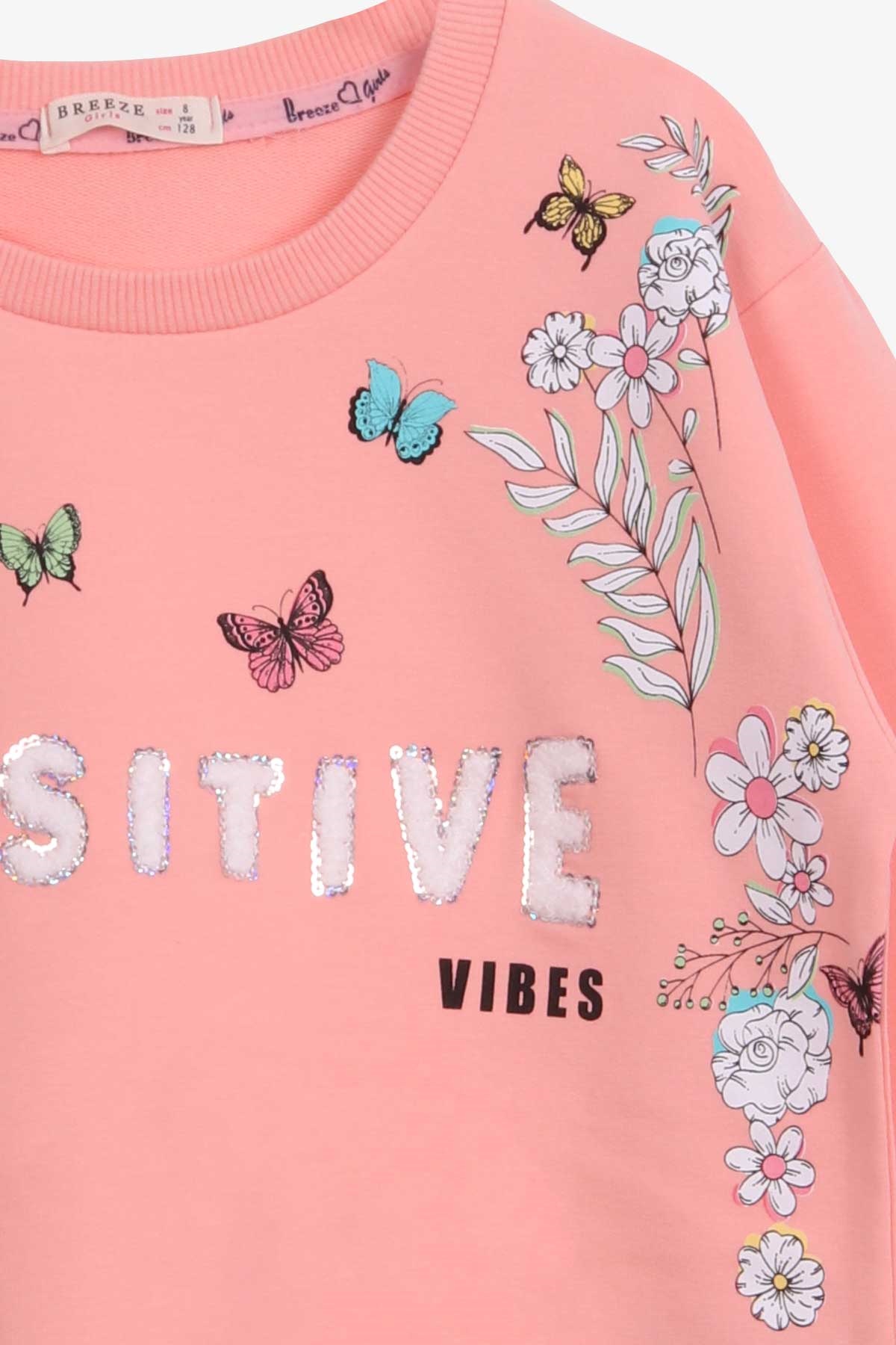Breeze Kız Çocuk Sweatshirt Çiçekli Kelebek Baskılı Somon (8-12 Yaş)