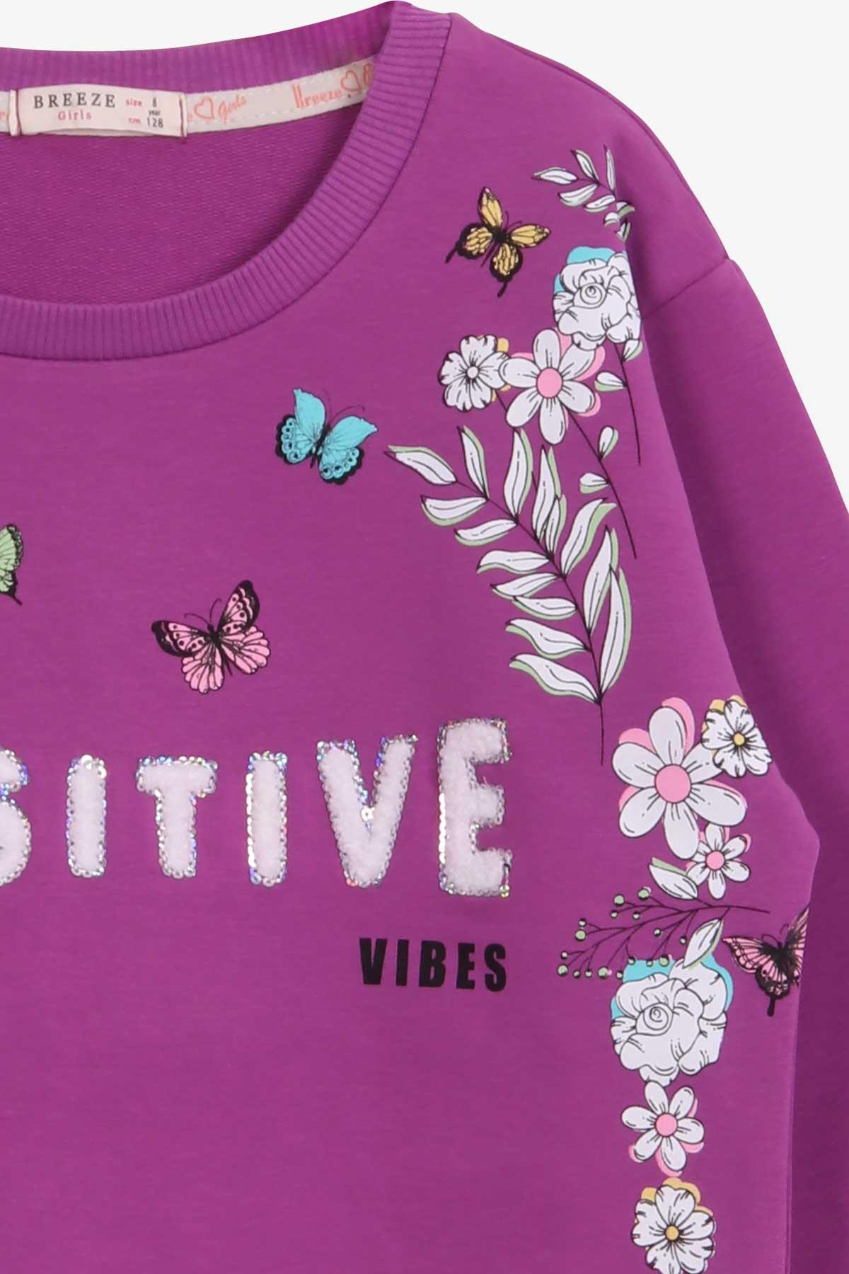 Breeze Kız Çocuk Sweatshirt Çiçekli Kelebek Baskılı Mor (8 Yaş)