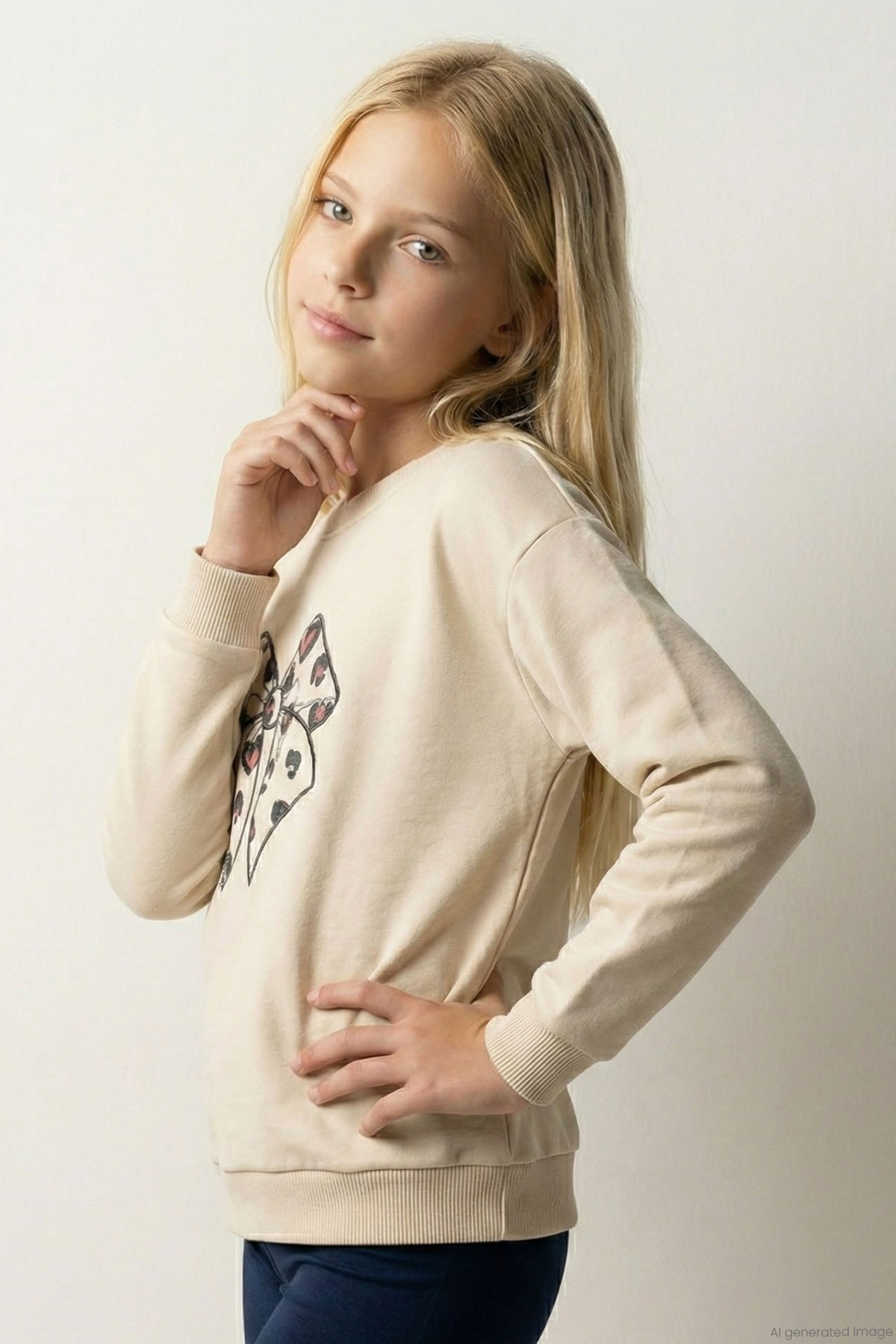 Breeze Kız Çocuk Sweatshirt Fiyonk Baskı Nakışlı Yazılı Krem (6-10 Yaş)