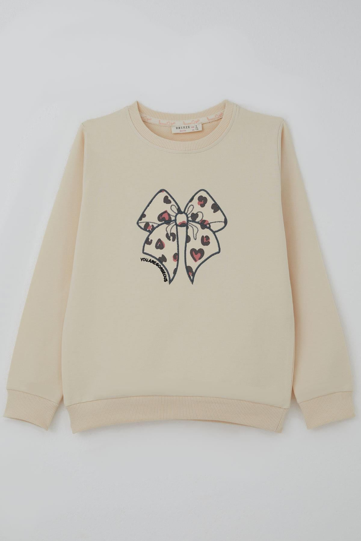 Breeze Kız Çocuk Sweatshirt Fiyonk Baskı Nakışlı Yazılı Krem (6-10 Yaş)