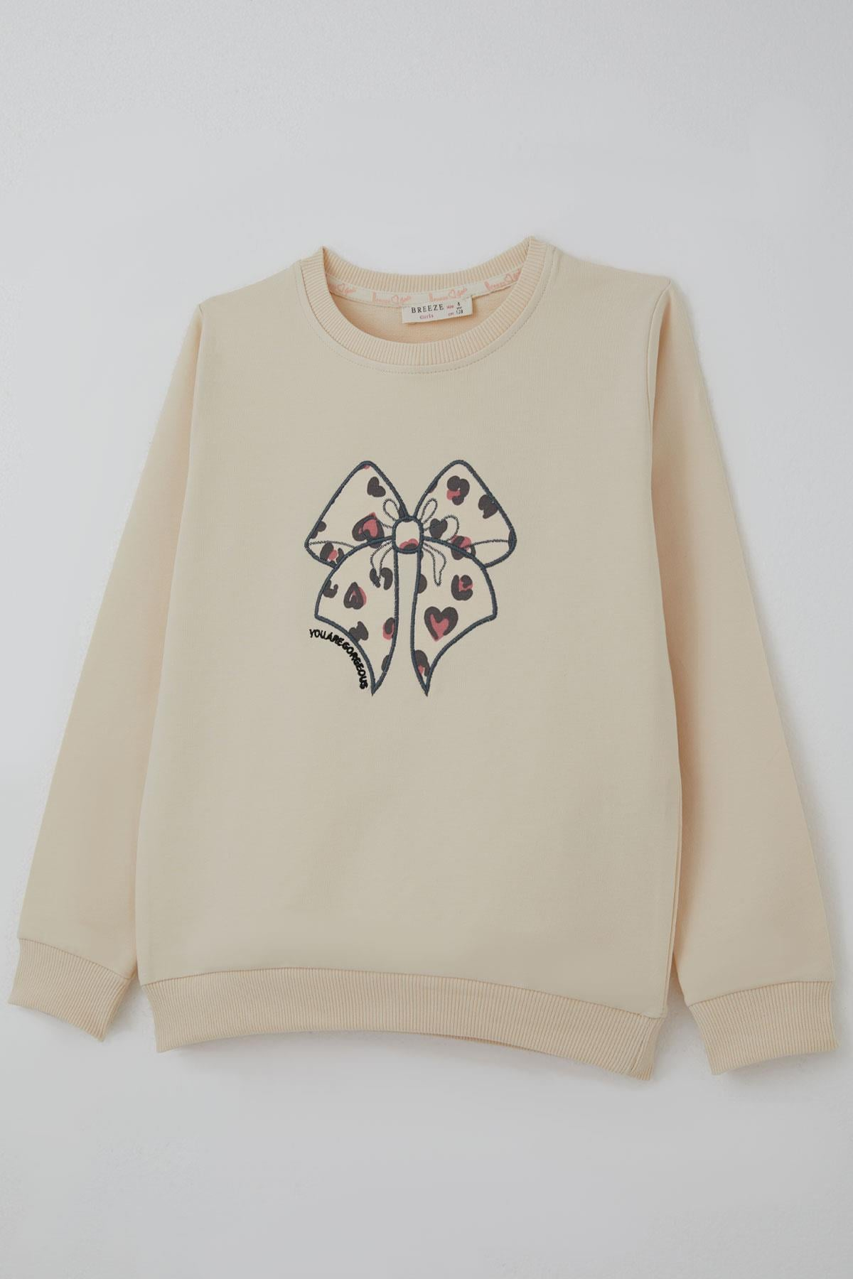 Breeze Kız Çocuk Sweatshirt Fiyonk Baskı Nakışlı Yazılı Krem (6-10 Yaş)